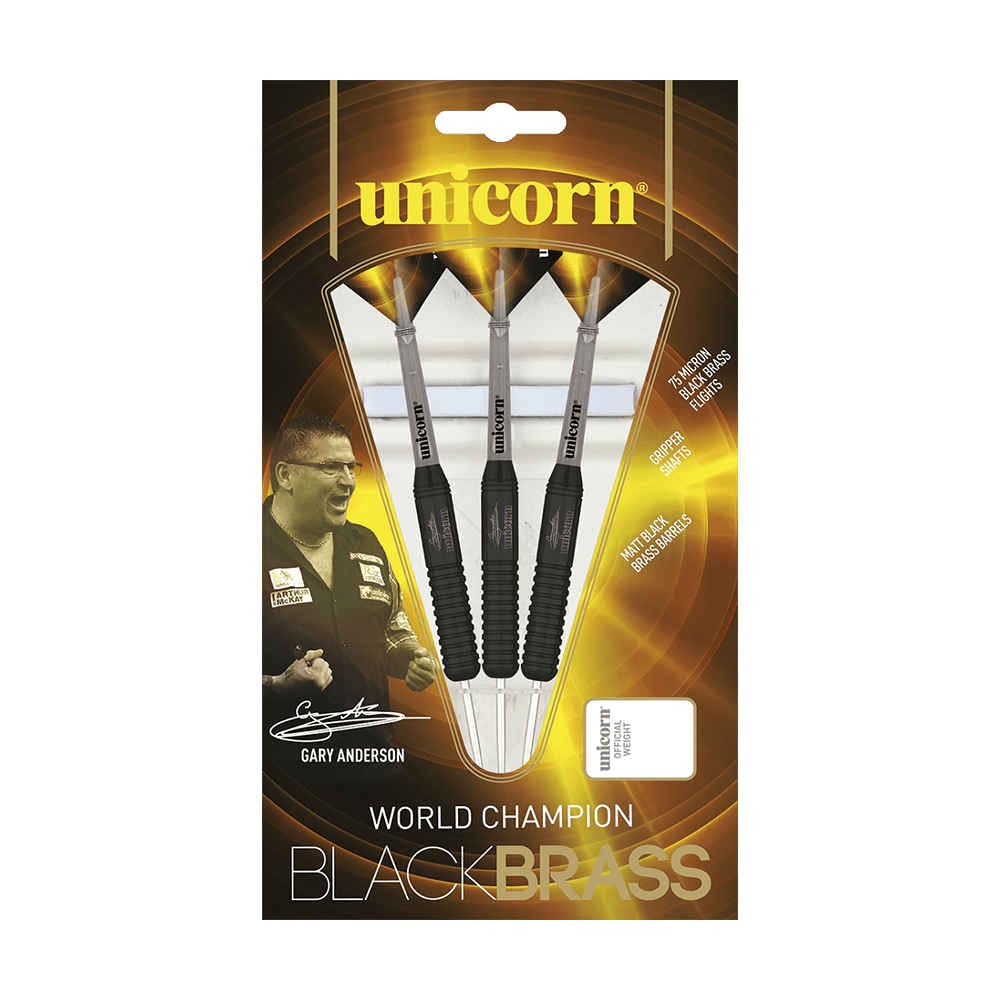 Das Bild zeigt eine Packung Unicorn Black Brass Gary Anderson V2 Steeldarts. Auf der Verpackung sind drei schwarze Darts sowie ein Foto und die Unterschrift von Gary Anderson zu sehen.