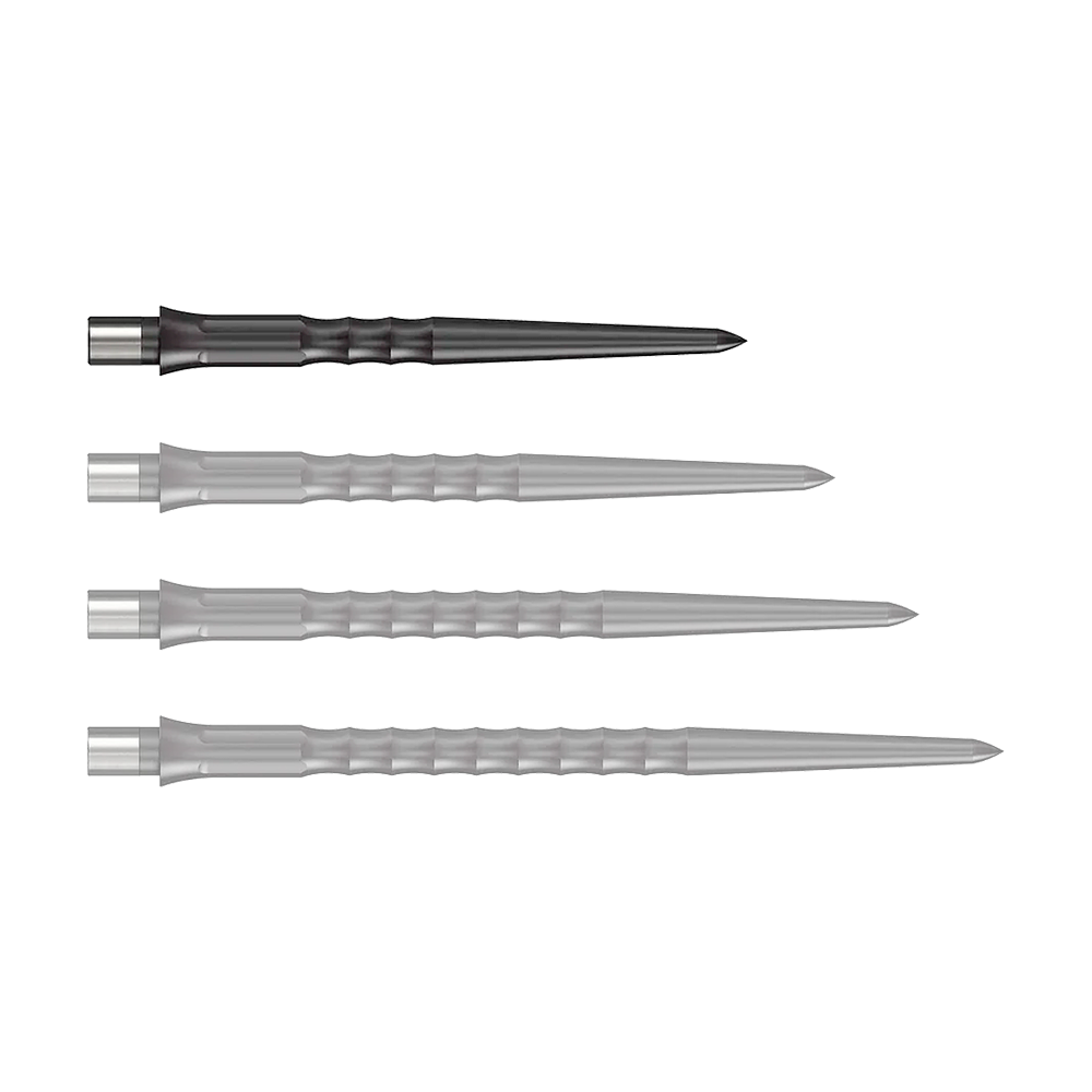 Caliburn System Steeldartspitzen - Ripple - NoLip - Schwarz Abgebildet ist eine schwarze Steeldartspitze mit Ripple NoLip Design, 28 mm lang. Das Produkt gehört zum Caliburn Evo System.