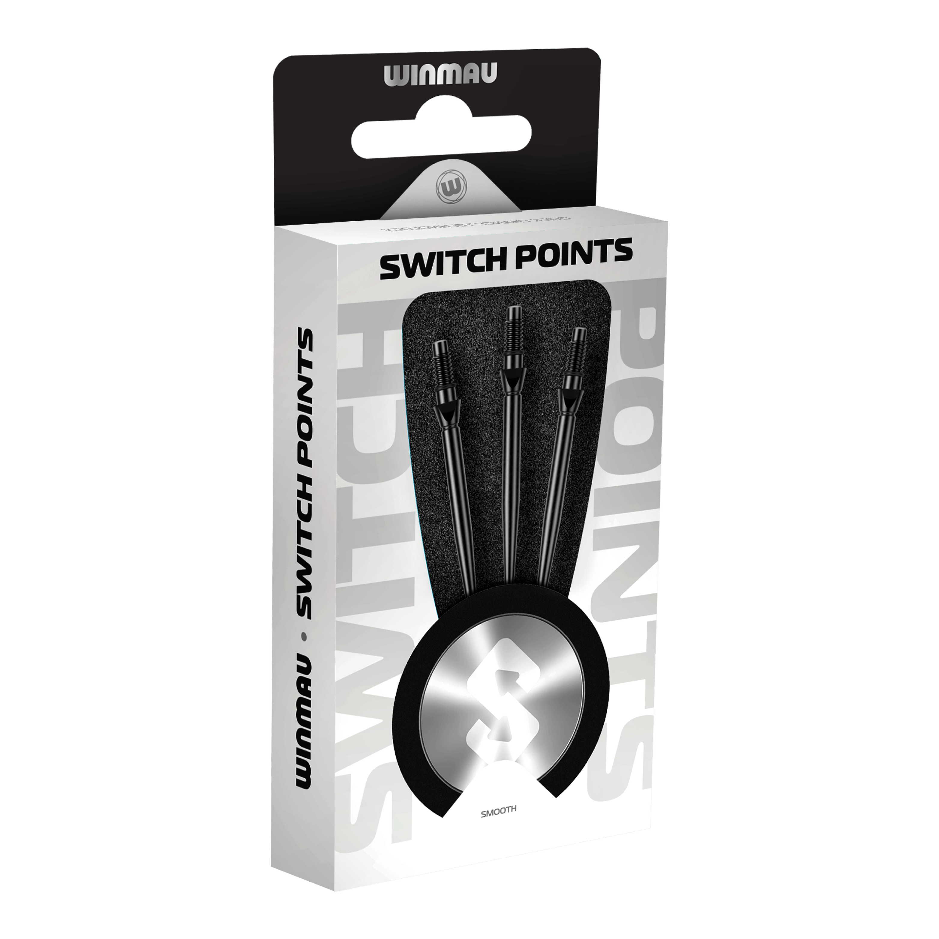 Hier sieht man die Winmau Switch Point Smooth Steeldartspitzen in Schwarz. Die Dartspitzen haben ein glattes Design und sind schwarz gefärbt.