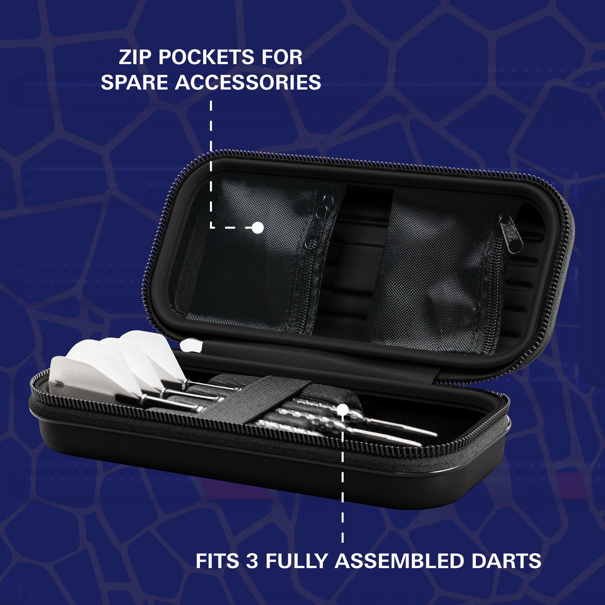 Target Takoma Josh Rock Dartcase Das Bild zeigt das Target Takoma Josh Rock Dartcase mit drei komplett zusammengebauten Darts. Es verfügt über Reißverschlusstaschen für Ersatz-Zubehör.