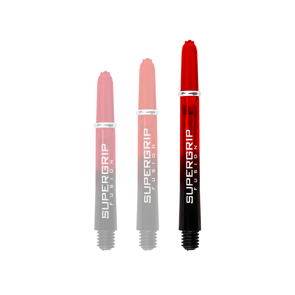 Das Bild zeigt drei Harrows Supergrip Fusion Shafts in Rot. Die Schäfte sind teilweise rot und schwarz gefärbt und tragen den Schriftzug "SUPERGRIP FUSION".
