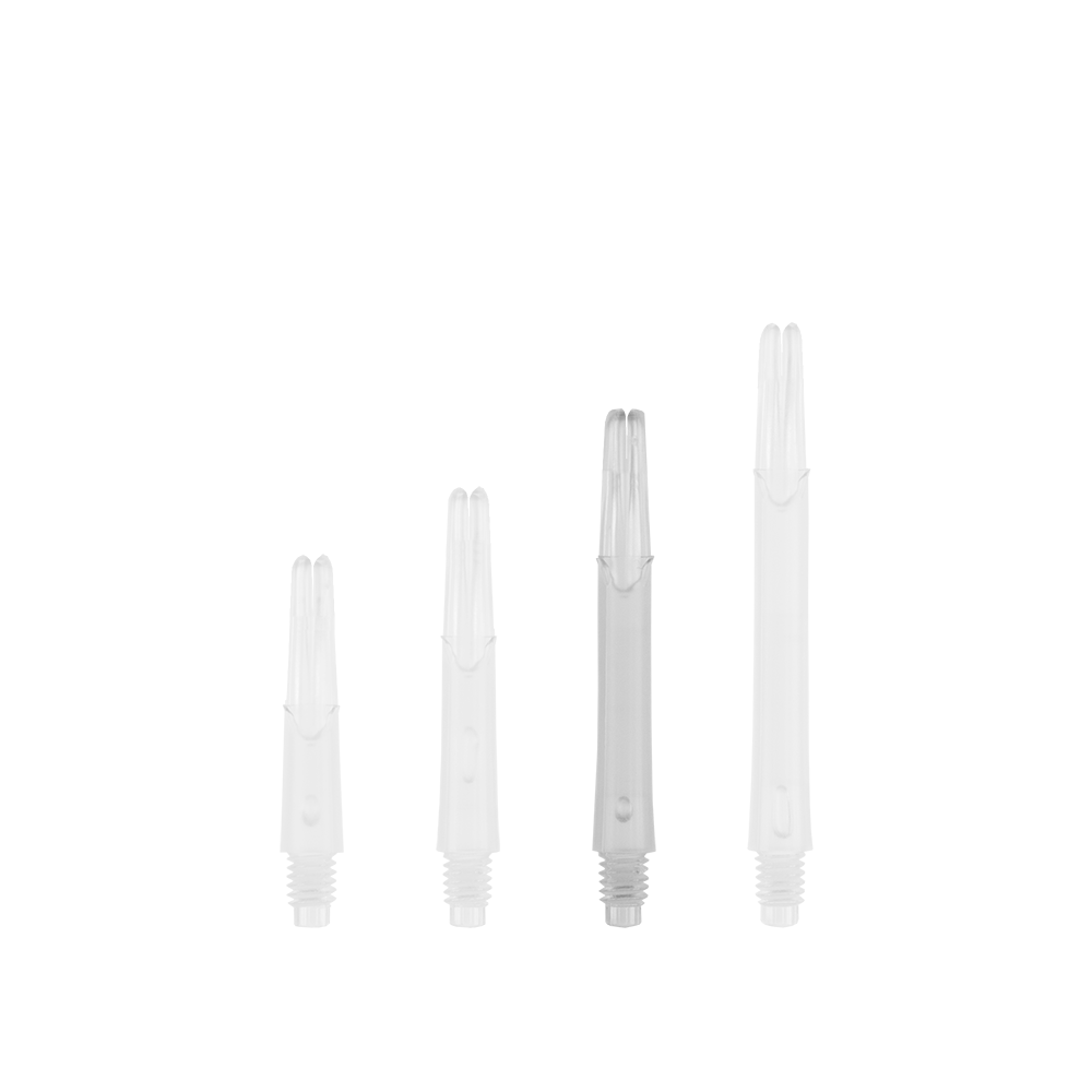 L-Style L-Shafts Locked Straight - Clear 260 Auf dem Bild sind vier durchsichtige, gerade Dartschäfte in unterschiedlichen Längen zu sehen. Sie stehen nebeneinander aufrecht auf einem weißen Hintergrund.