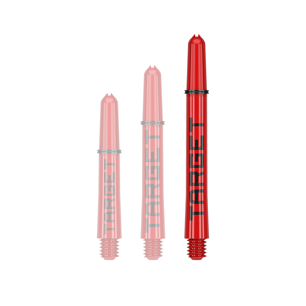 Target Pro Grip TAG Shafts - 3 Sets - Rot Auf dem Bild sind drei rote Dart-Schäfte in unterschiedlichen Längen zu sehen. Auf jedem Schaft steht das Wort "TARGET" in schwarzen Buchstaben.