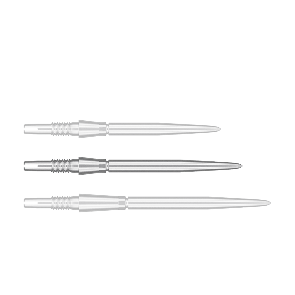 340056_Target_Swiss_Storm_Point_Dartspitzen_Silber_30mm_1 Auf dem Bild sind drei silberne Dartspitzen nebeneinander angeordnet. Sie sind aus Metall und haben eine spitz zulaufende Form.