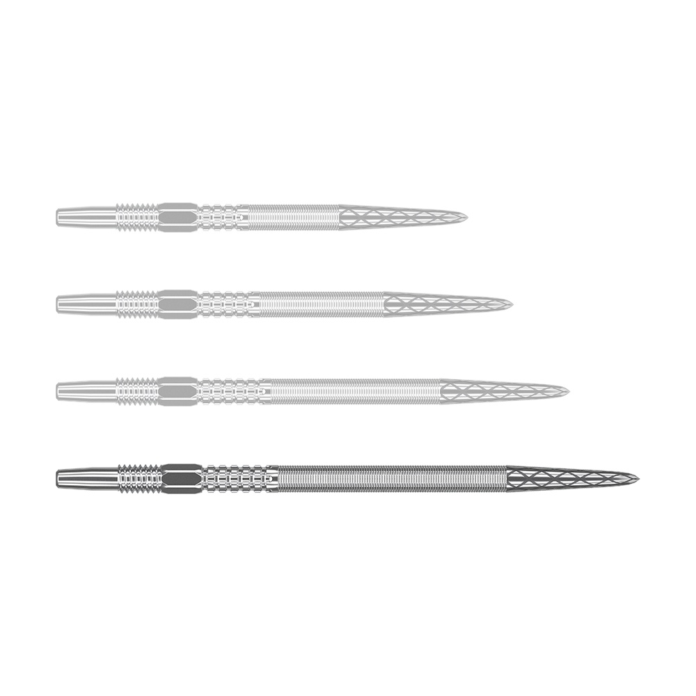 Target Swiss Point DX Dartspitzen - Silver Auf dem Bild sind vier silberne Dartspitzen in einer Reihe zu sehen. Die Spitzen haben ein geriffeltes Muster und eine spitz zulaufende Form.