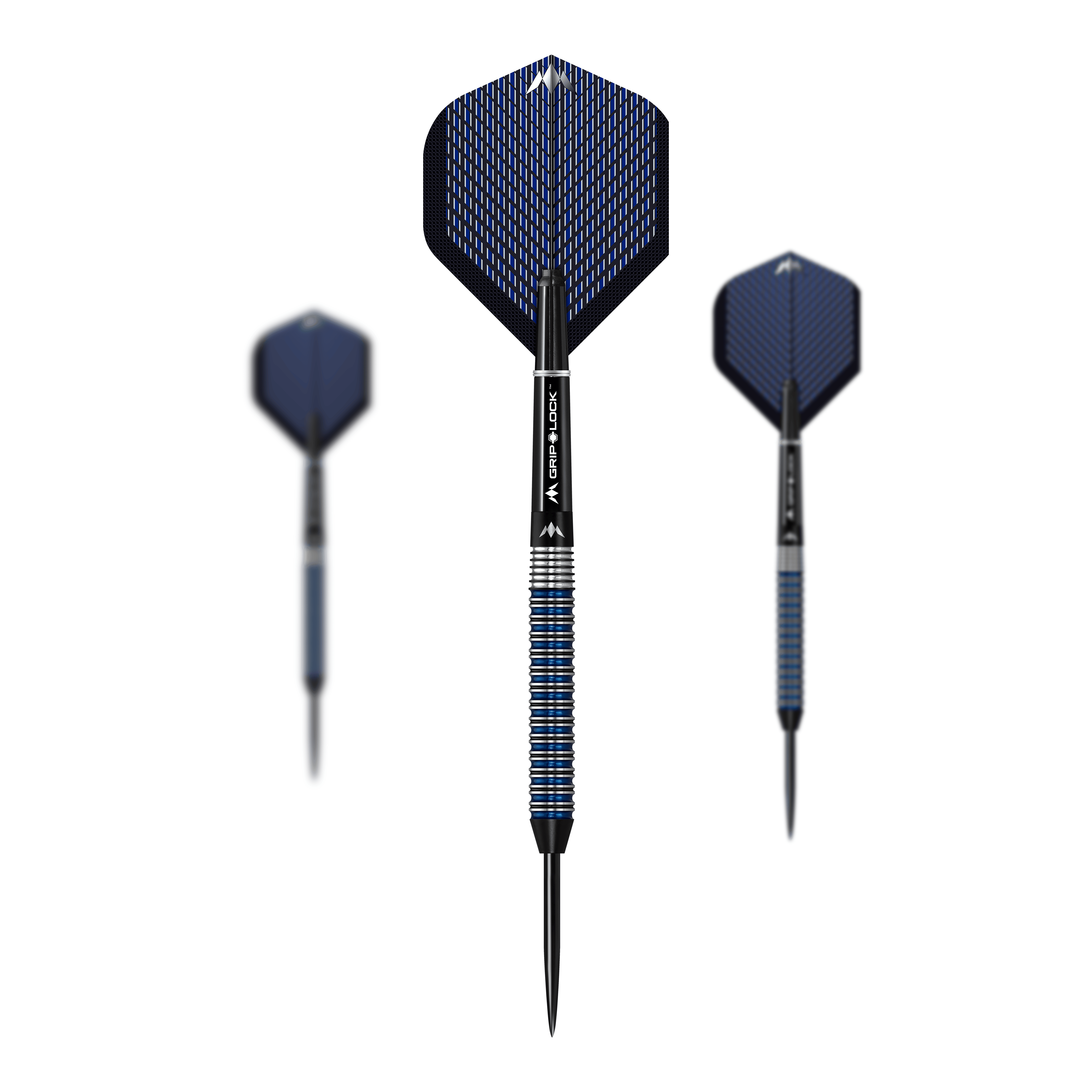 Das Bild zeigt drei Steeldarts des Modells "Mission Nightfall Model 2". Die Pfeile haben schwarze Spitzen, silber-blaue Griffe und dunkelblaue Flights mit Muster.