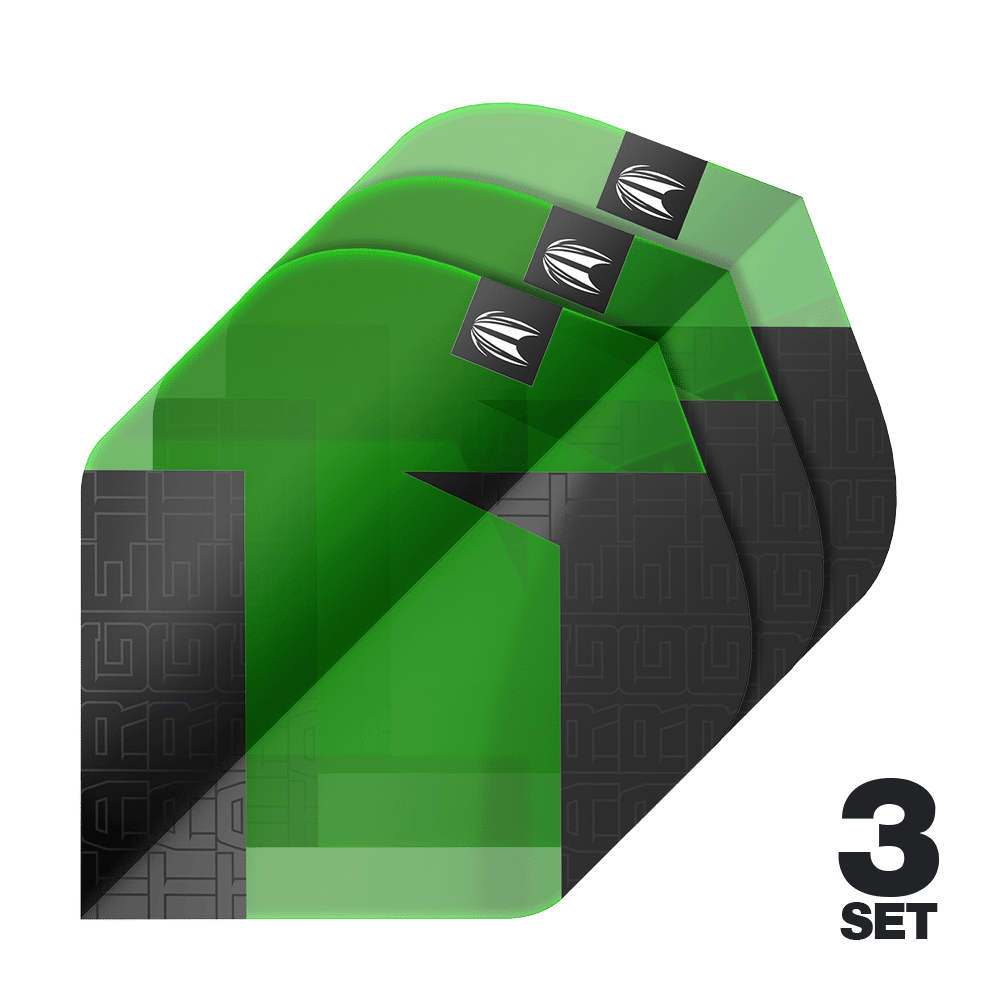 Das Bild zeigt drei grüne Dartflights der Marke Target Pro Ultra TAG Grün No2 Standard. Unten rechts steht "3 Set", was auf drei enthaltene Sets hinweist.