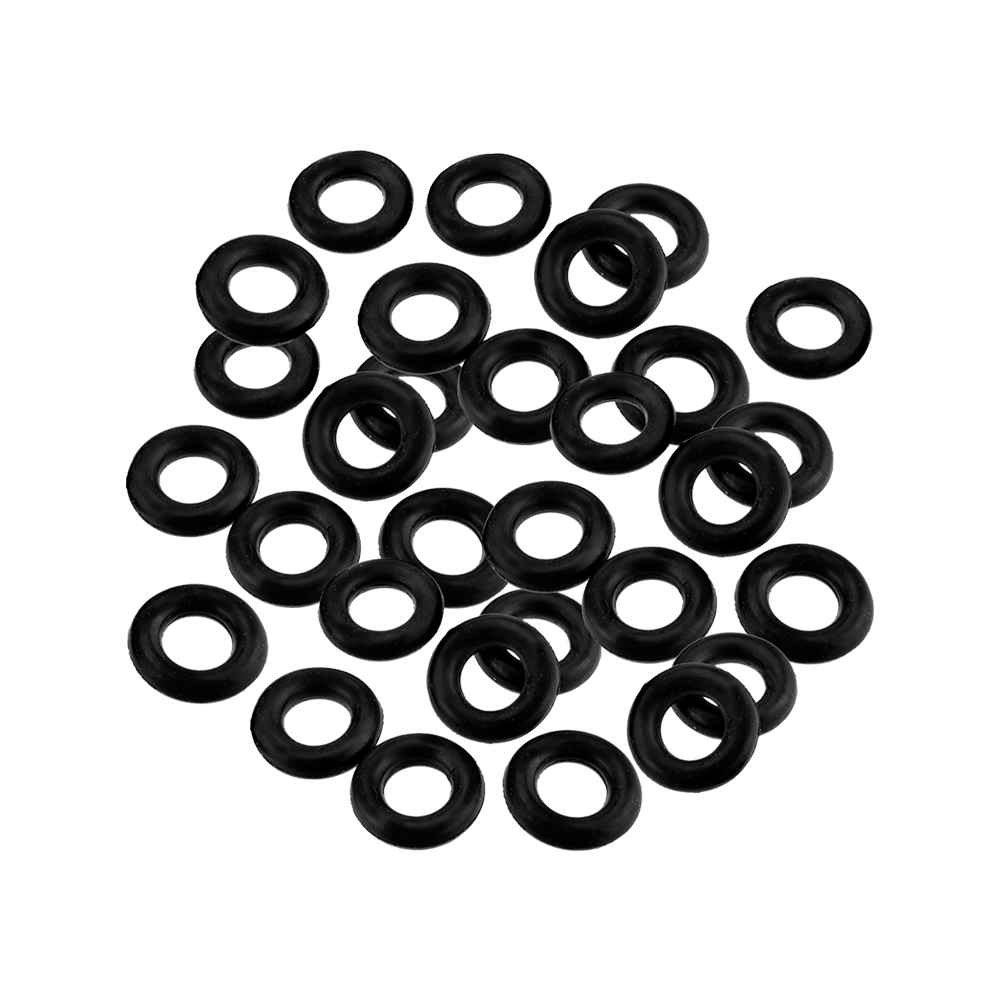 Auf dem Bild sind mehrere schwarze Harrows Clic O-Rings zu sehen. Sie sind kreisförmig und liegen lose auf einer Fläche verteilt.