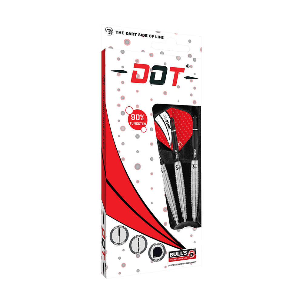 13242_Bulls_Dot_D6_Steeldarts_3 Auf dem Bild ist eine Verpackung für Darts der Marke Bull's Dot zu sehen. In der Packung befinden sich drei Steeldarts mit 90 % Tungsten-Anteil.