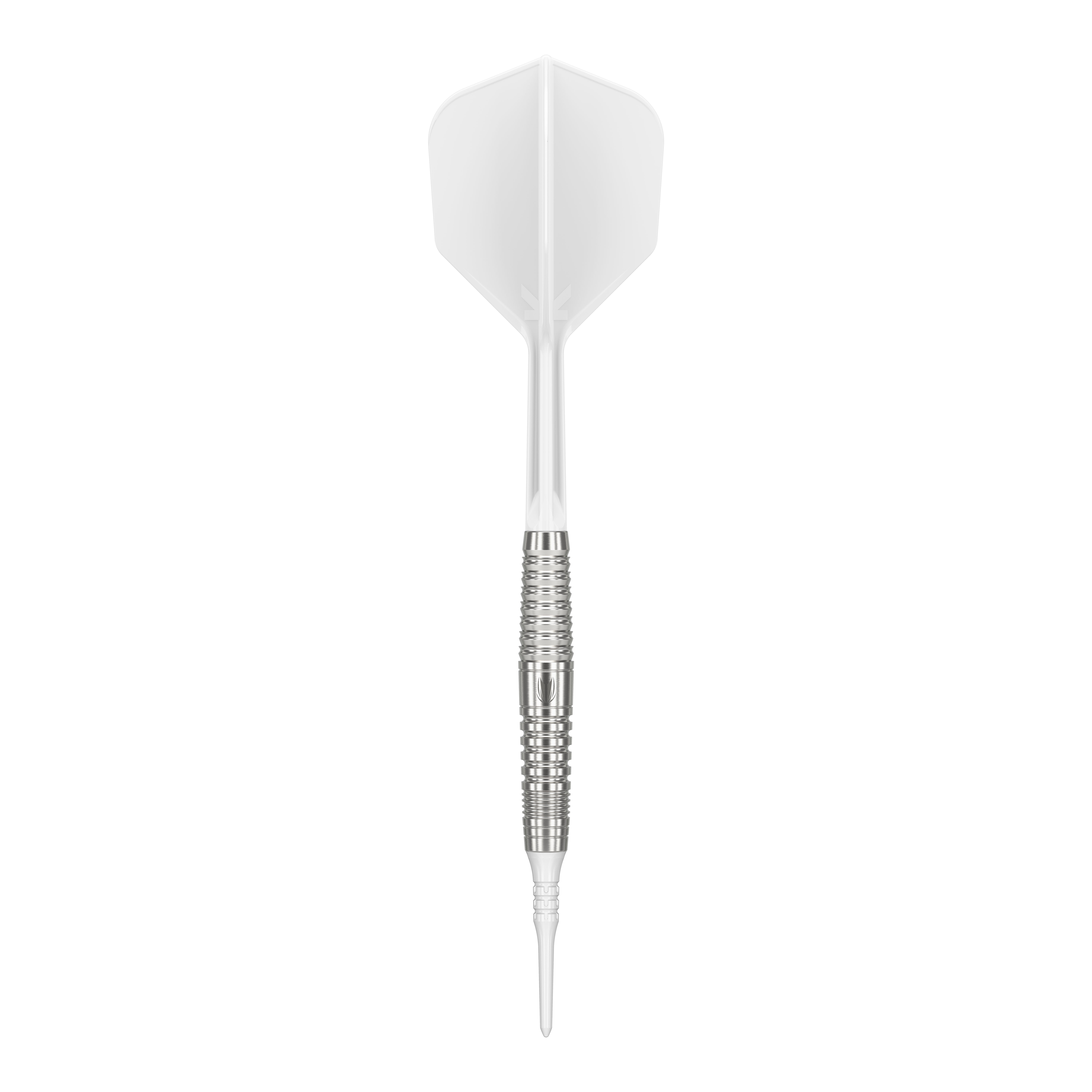 Target Japan Crux Courage Softdarts - 19g Das Bild zeigt einen Softdart namens "Target Japan Crux Courage Softdarts - 19g". Der Dartpfeil hat eine silberne Griffzone und weiße Flights.