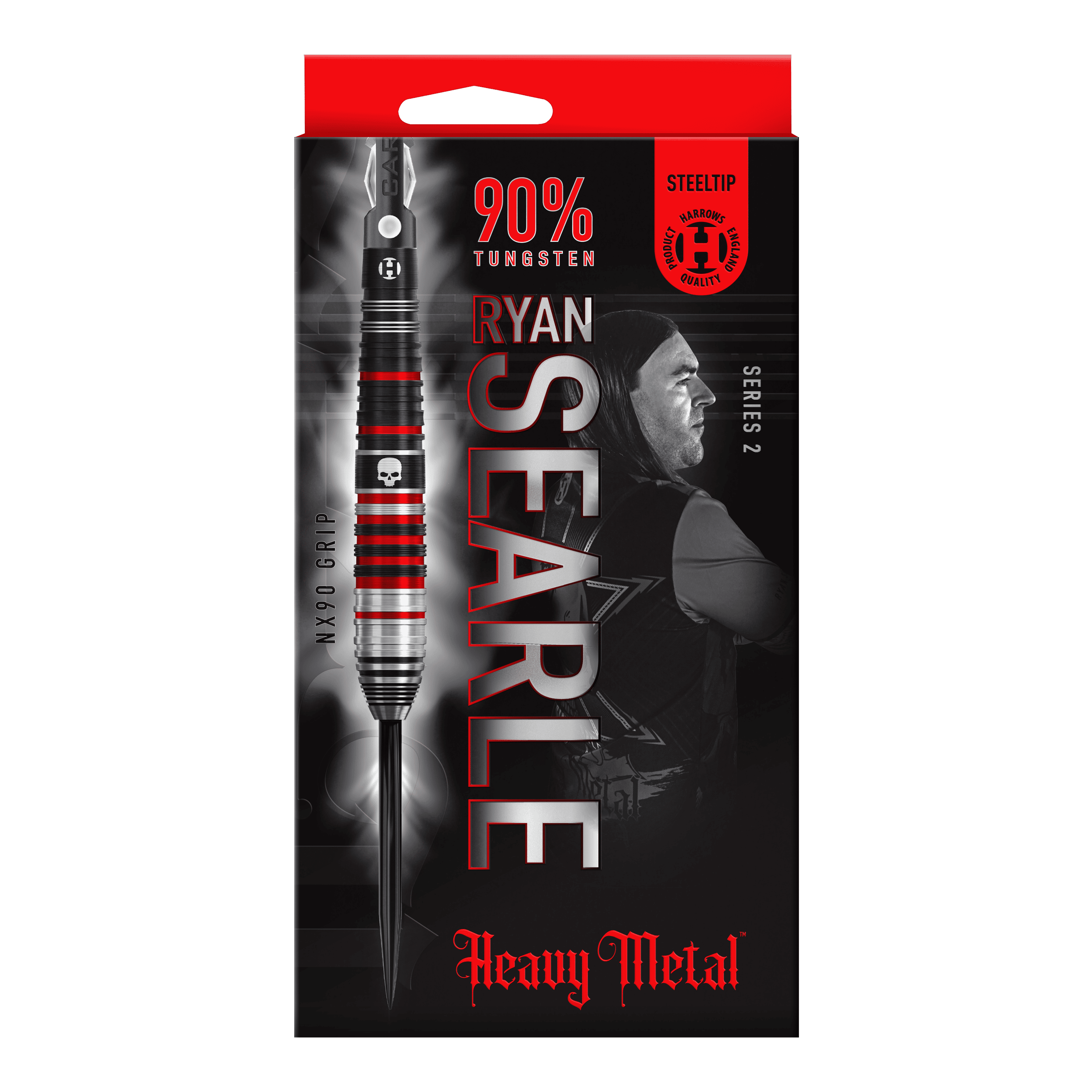 Die Abbildung zeigt die Verpackung der "Harrows Ryan Searle Heavy Metal Series 2 Steeldarts". Auf der Verpackung sind ein Dartpfeil, der Name Ryan Searle und Hinweise wie "90% Tungsten" und "Heavy Metal" zu sehen.