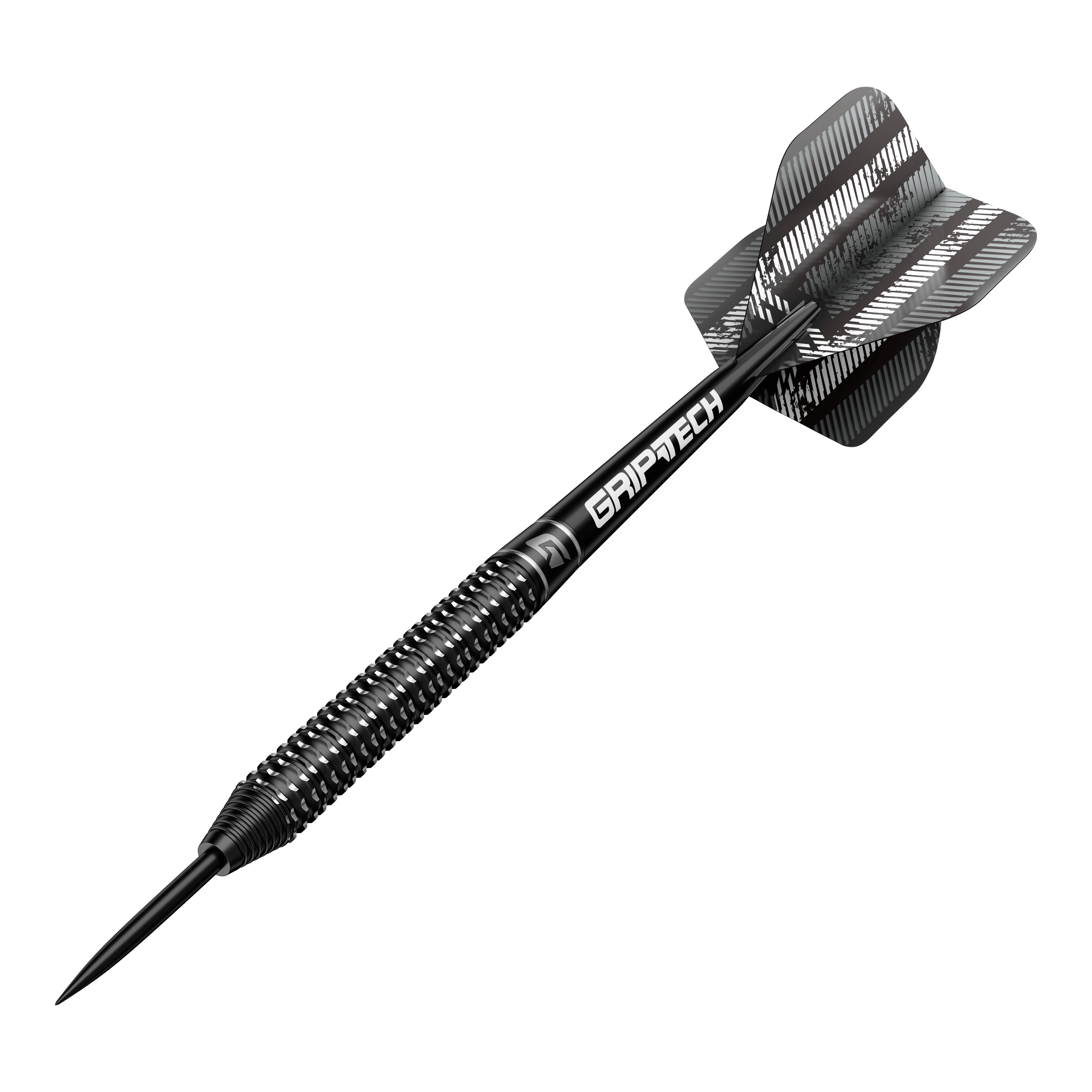 GOAT Sprocket Tungsten Steeldarts Das Bild zeigt einen GOAT Sprocket Tungsten Steeldart. Der Dartpfeil hat ein schwarz-silbernes Design mit der Aufschrift "GRIPTECH" auf dem Schaft.