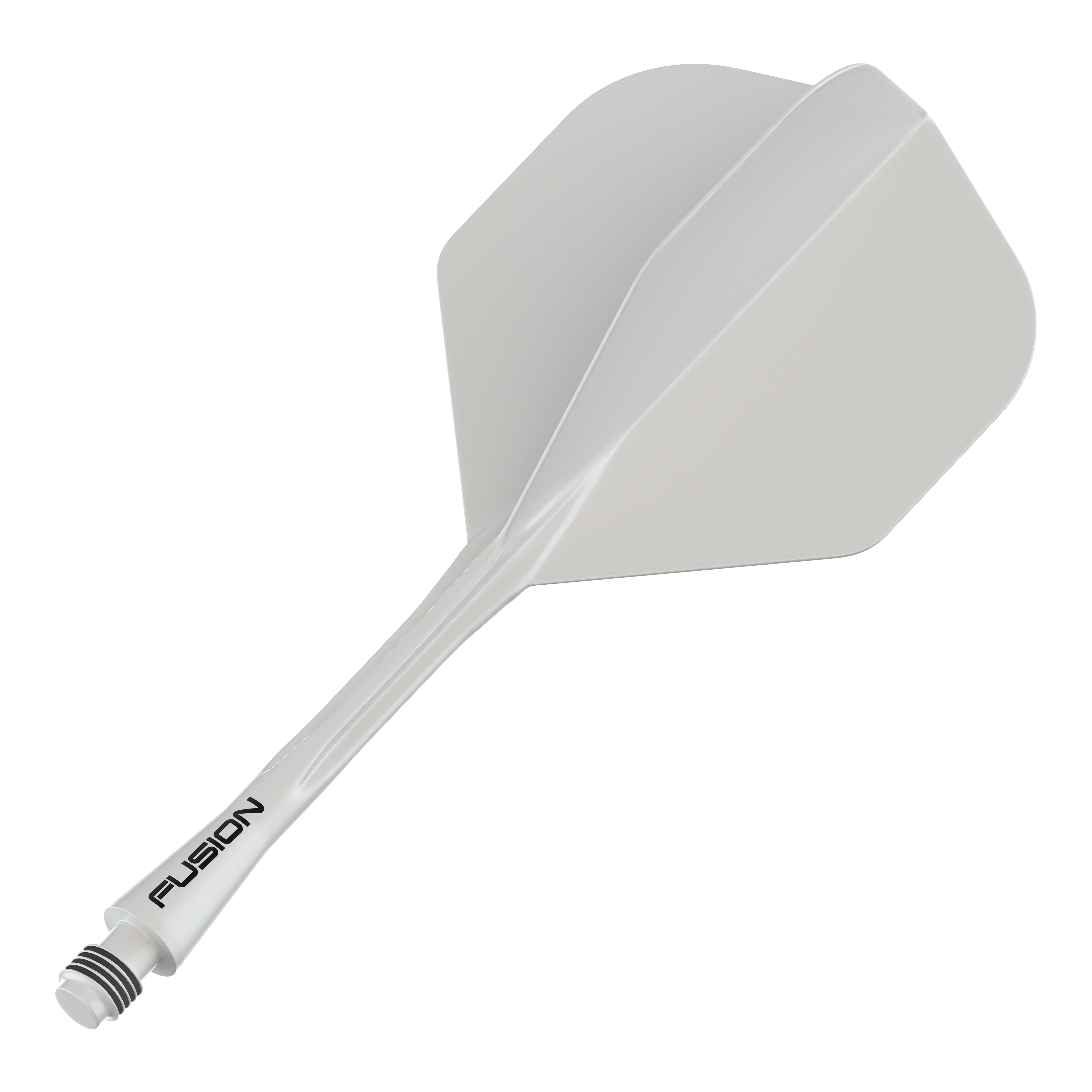 Das Bild zeigt ein weißes Dart-Flight-Shaft-System. Auf dem Schaft steht das Wort "FUSION" geschrieben.