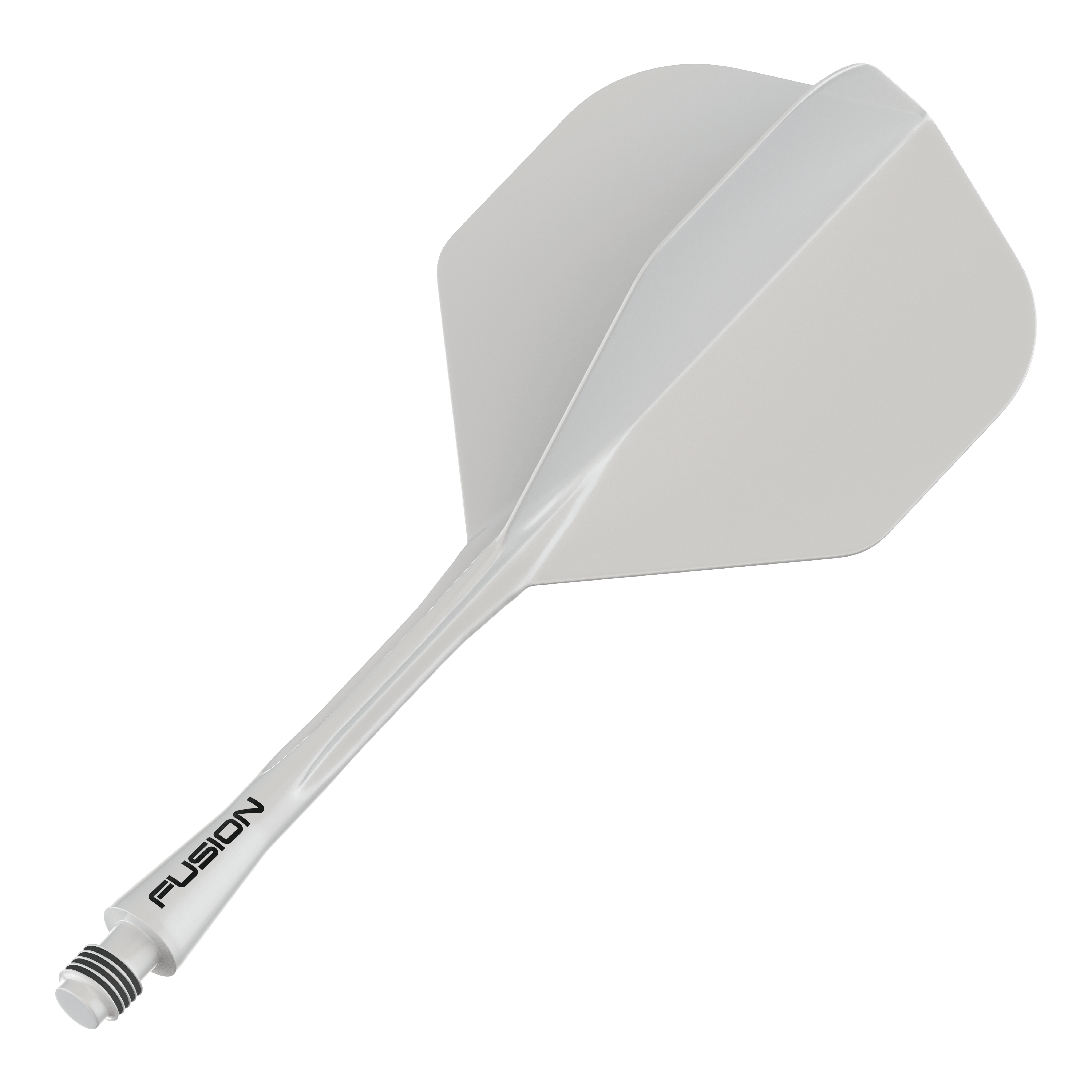 Winmau Fusion Flight Shaft System Standard Weiss Das Bild zeigt ein weißes Dart-Flight-Shaft-System. Auf dem Schaft steht das Wort "FUSION" geschrieben.