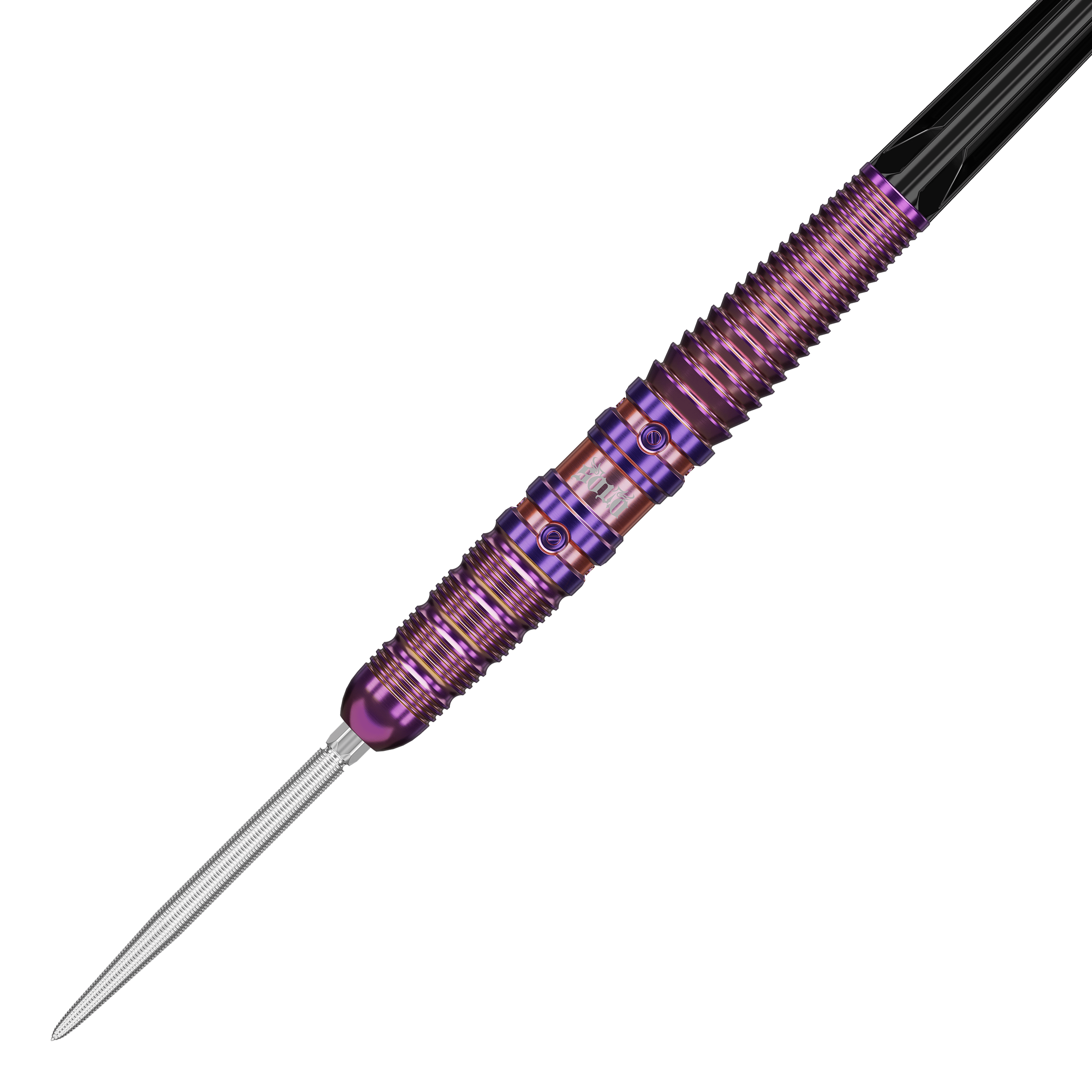 Das Bild zeigt einen modernen Steeldartpfeil mit lila und pinken Akzenten. Es handelt sich um das Modell "Target Japan Keita Ono Solo Gen8 Swiss Point Steeldarts - 24g".