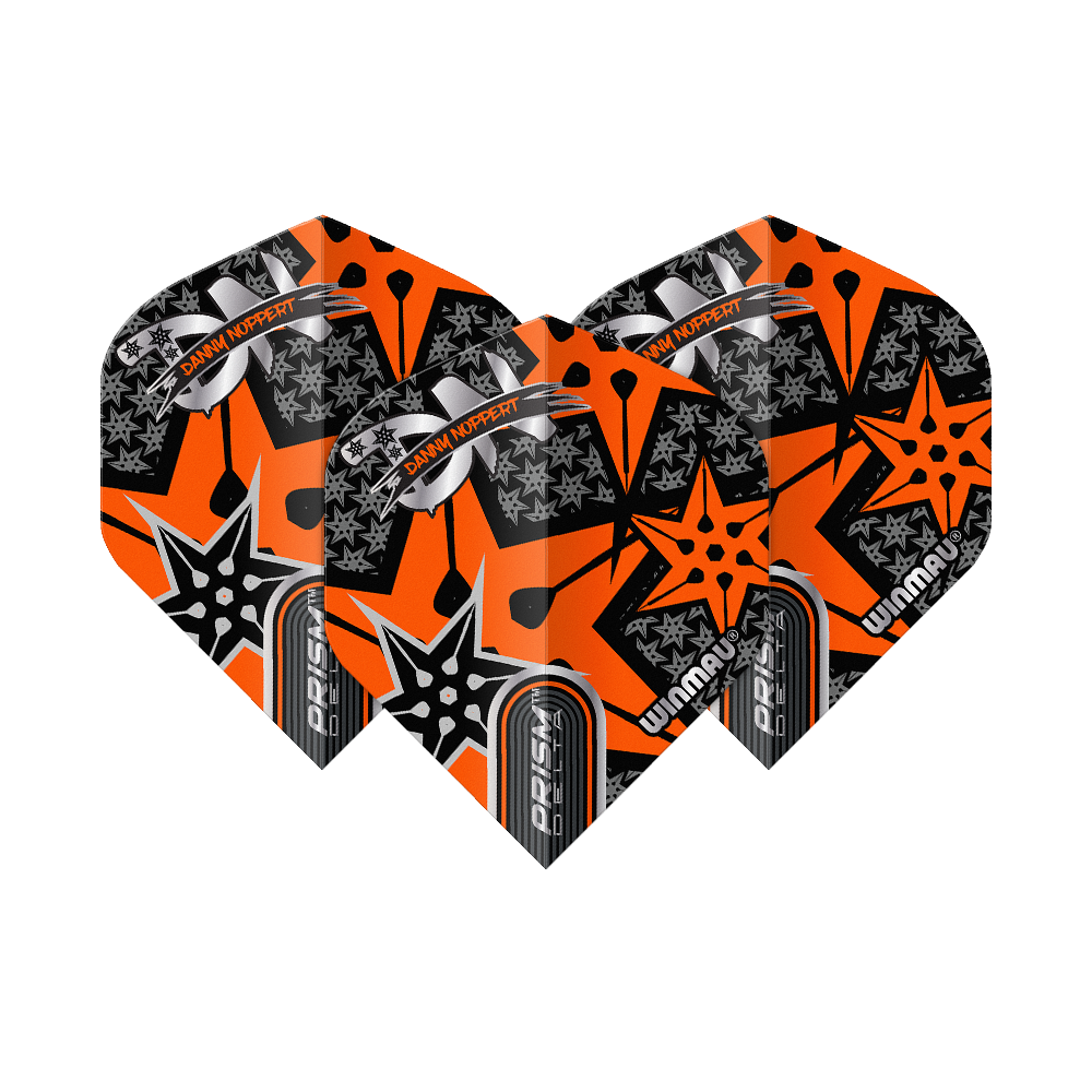 Das Bild zeigt drei Dart-Flights mit auffälligem orange-schwarzem Design. Auf den Flights steht "Danny Noppert" und "Winmau Prism Delta".