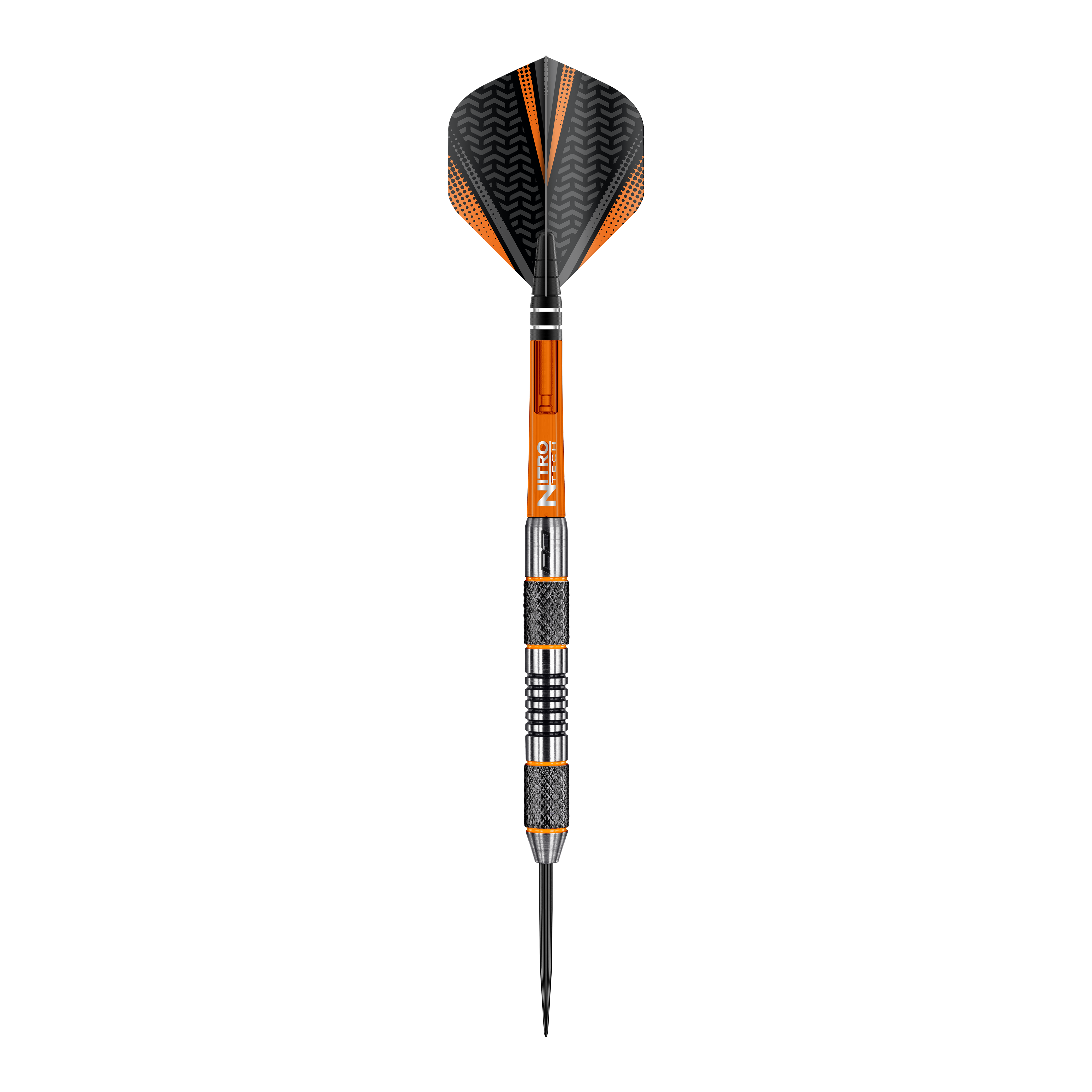 Red Dragon Amberjack 5 Steeldarts - 24g Dies ist ein Steeldart der Marke Red Dragon, Modell Amberjack 5 mit einem Gewicht von 24 Gramm. Der Dart hat ein schwarzes und orangefarbenes Design mit metallischen und geriffelten Griffbereichen.