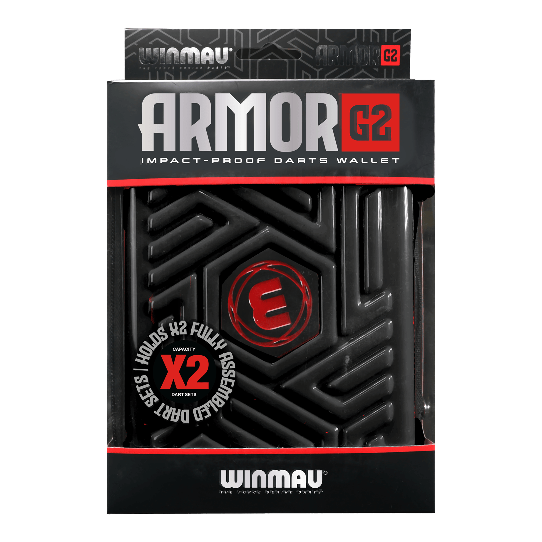 Winmau Armor G2 Dartwallet Dies ist eine schwarze, stoßfeste Darttasche der Marke Winmau namens "Armor G2". Sie bietet Platz für zwei komplett montierte Dart-Sets.