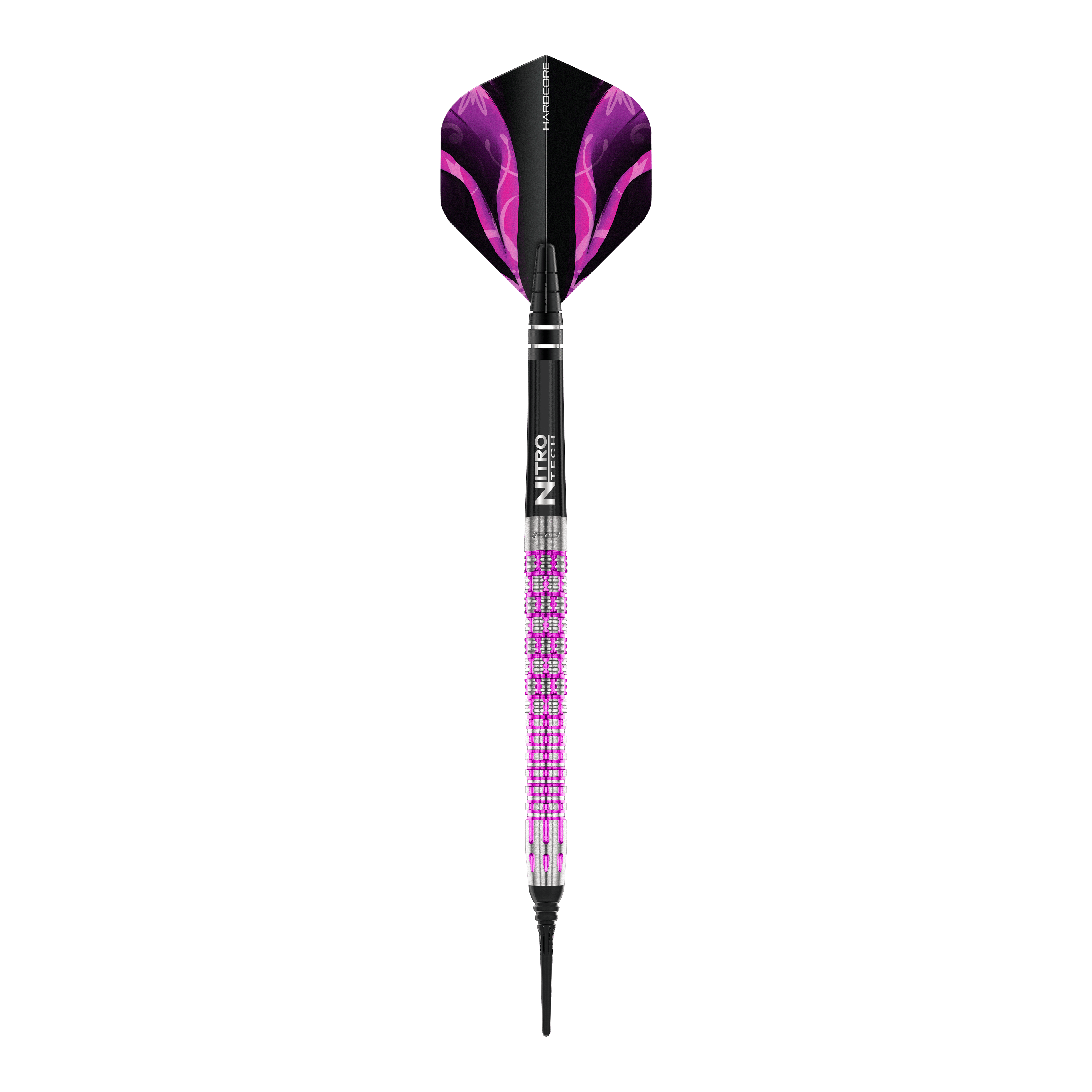Auf dem Bild ist der Red Dragon Tyrian Softdart mit einem Gewicht von 22g zu sehen. Der Dart hat ein auffälliges Design mit lila und pinken Akzenten.