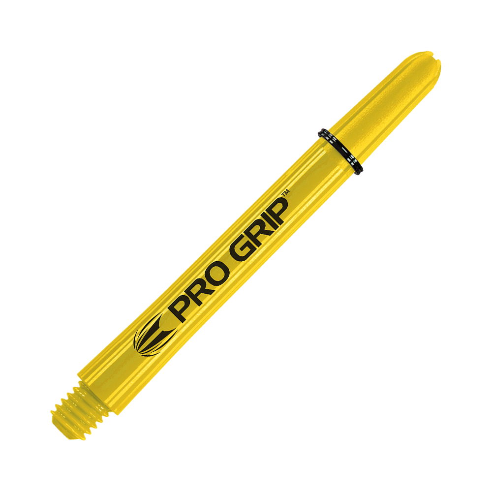 Das Bild zeigt einen gelben Dart-Schaft mit der Aufschrift "PRO GRIP". Der Schaft hat eine Länge von 48 mm und ist für den Einsatz bei Darts geeignet.