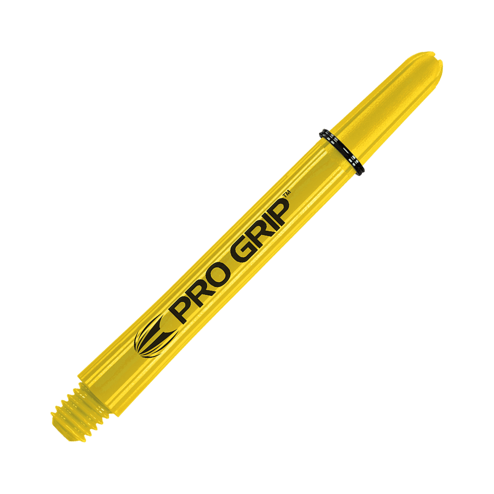 Target Pro Grip Shafts - 3 Sets - Gelb Das Bild zeigt einen gelben Dart-Schaft mit der Aufschrift "PRO GRIP". Der Schaft hat eine Länge von 48 mm und ist für den Einsatz bei Darts geeignet.