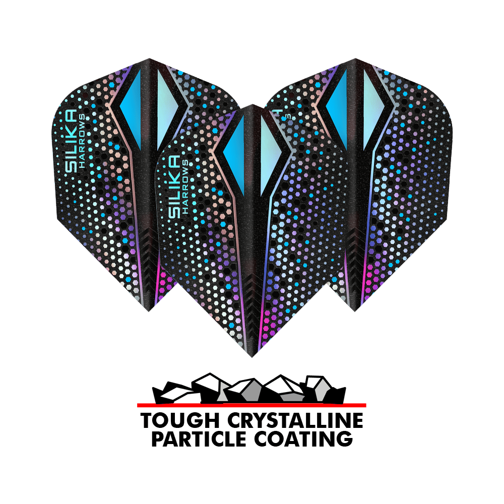Das Bild zeigt drei Harrows Silika Colourshift Tough Crystalline Coating Silver-X No6 Flights. Unten im Bild steht "TOUGH CRYSTALLINE PARTICLE COATING" mit einer Grafik von Kristallen.