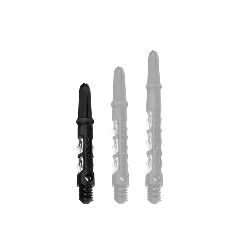 HR416_Harrows_Carbon_ST_Shafts_Clear_33mm_1Np7Tvmk3FvKGL Das Bild zeigt drei Harrows Carbon ST Shafts in transparenter Ausführung. Sie sind in unterschiedlichen Längen zu sehen und haben ein schwarzes und klares Design.