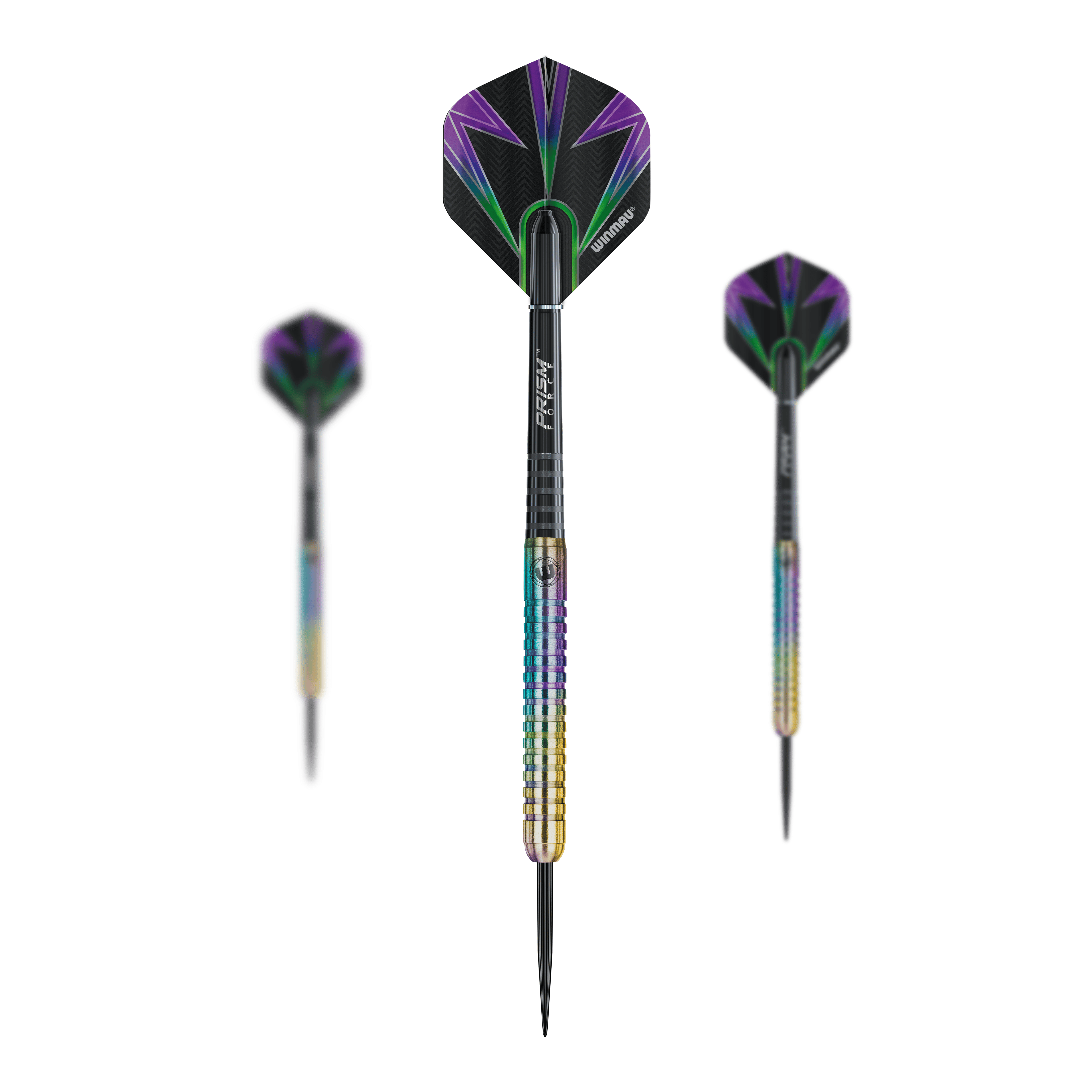 Das Bild zeigt drei Winmau Foxfire Urban Steeldarts mit farbenfrohen Schäften und schwarzen Flights mit lila und grünen Mustern. Die Darts haben metallische Spitzen und ein modernes, auffälliges Design.