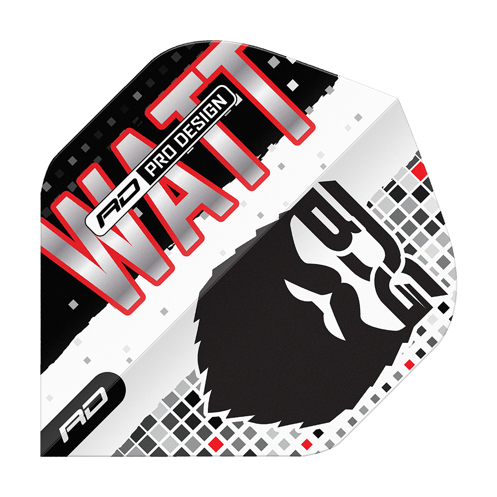 Das Bild zeigt ein Dart-Flight mit dem Namen "Red Dragon Hardcore Jason Watt BDG Premium No2 Standard Flights". Auf dem Flight sind die Worte "WATT" und "PRO DESIGN" sowie ein stilisiertes Gesicht mit Bart abgebildet.