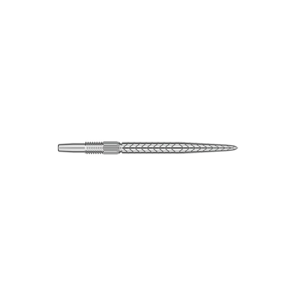 Target Swiss Point RVE Dartspitzen - Silber Dies ist eine silberne Dartspitze mit einem feinen Rillenmuster. Sie ist lang und schmal, ideal für Präzisionswürfe.