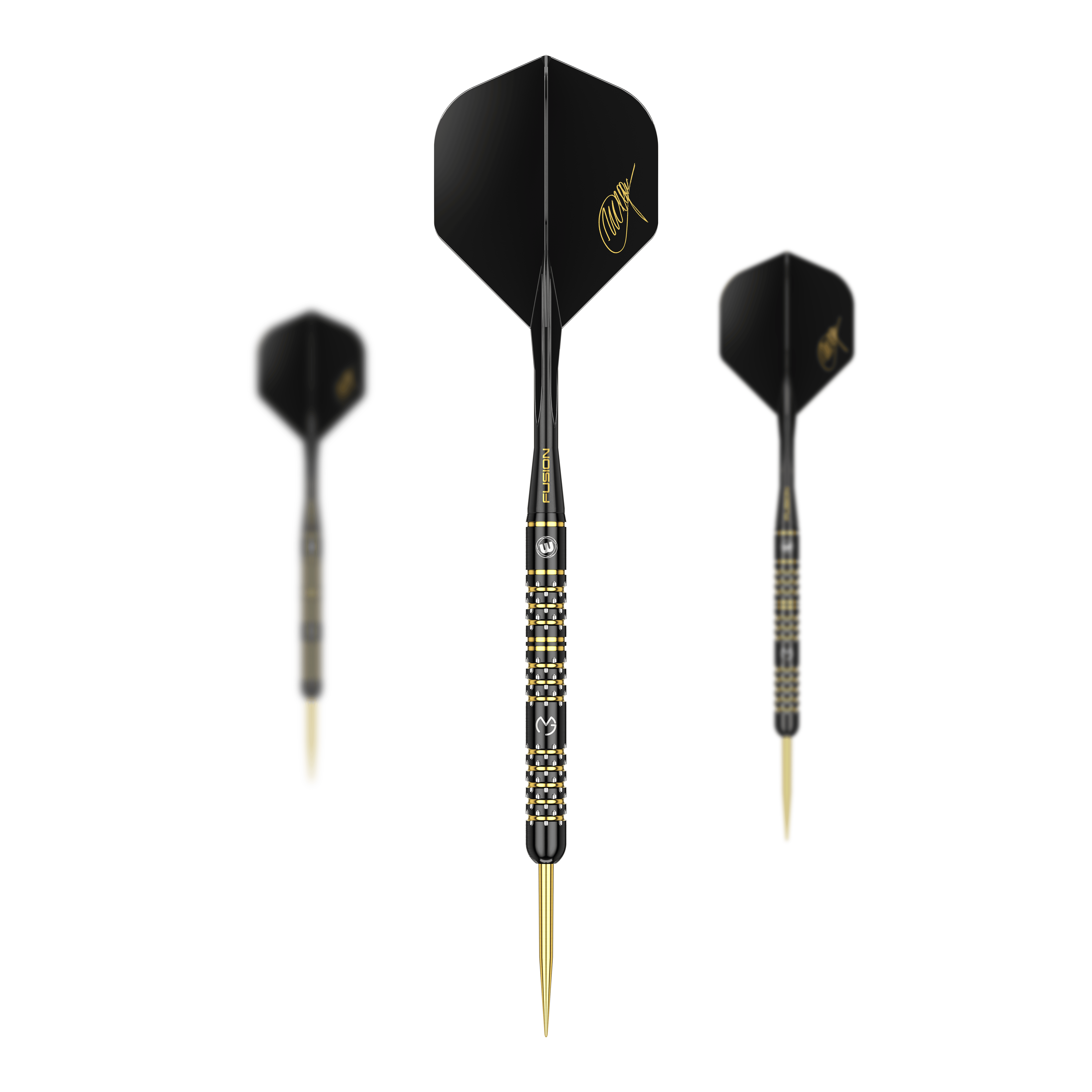 Das Bild zeigt die Winmau Michael Van Gerwen 5-Year-Anniversary Limited Edition Steeldarts mit einem Gewicht von 22,5g. Die Darts sind schwarz-gold gestaltet und tragen eine goldene Signatur auf den Flights.