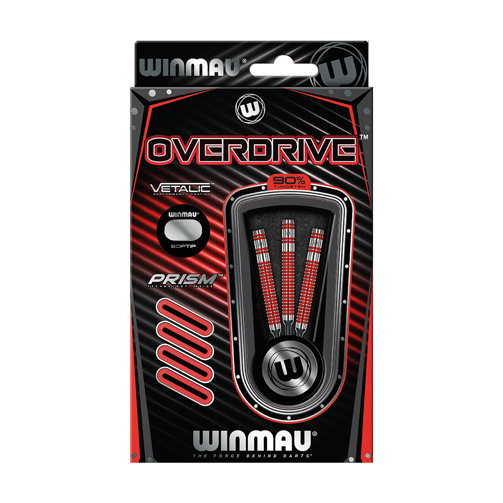 Das Bild zeigt die Verpackung der "Winmau Overdrive Softdarts - 20g". In der Verpackung sind drei hochwertige Softdarts mit roten und silbernen Details zu sehen.