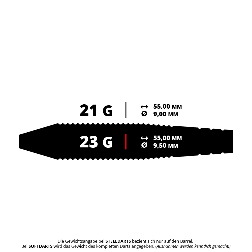 Das Bild zeigt zwei verschiedene Dartgewichte: 21 g und 23 g. Die Länge beträgt jeweils 55,00 mm, der Durchmesser ist 9,00 mm bzw. 9,50 mm.
