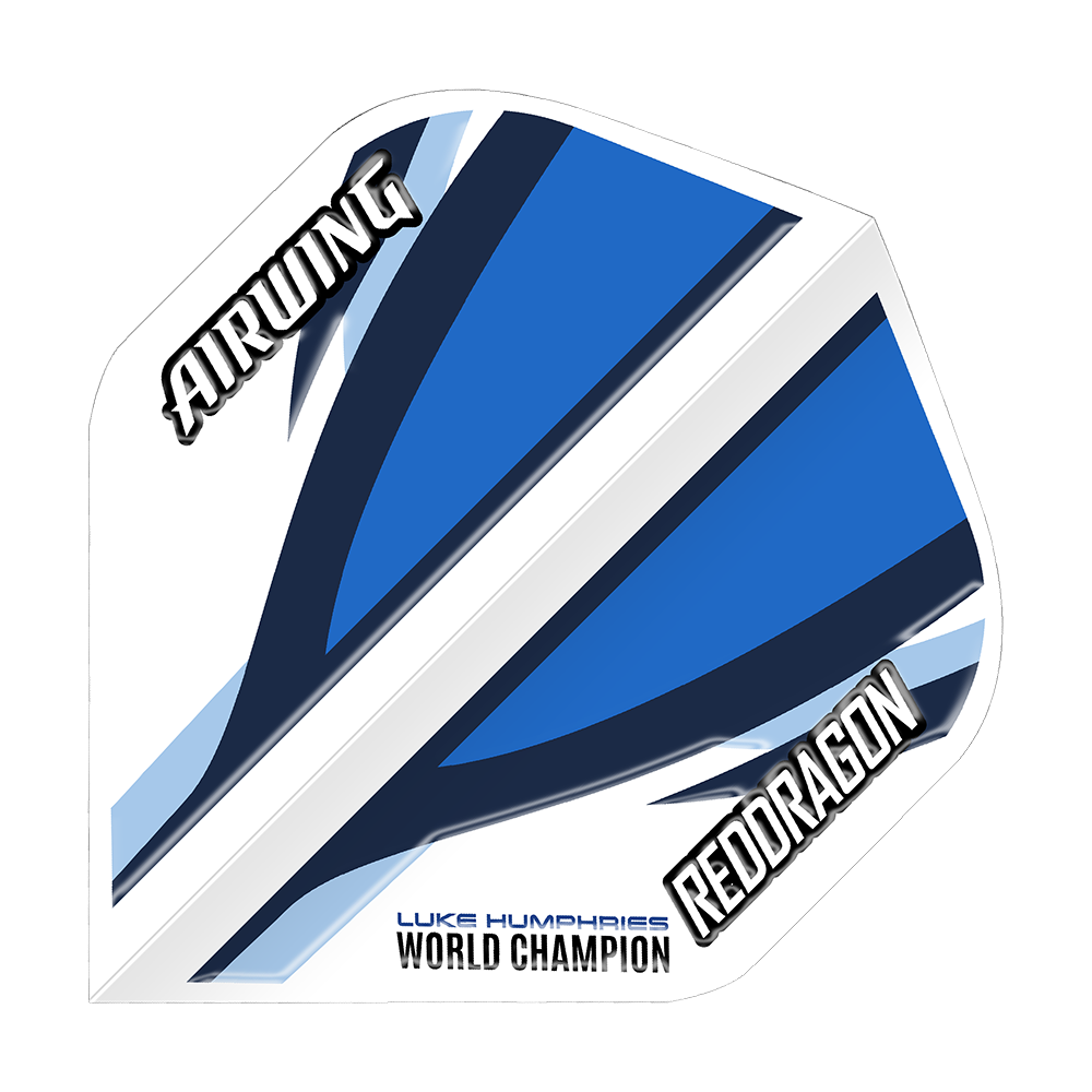 Das Bild zeigt einen weißen und blauen Dartflight mit dynamischem Design und der Aufschrift "AIRWING" und "REDDRAGON". Unten steht "LUKE HUMPHRIES WORLD CHAMPION".