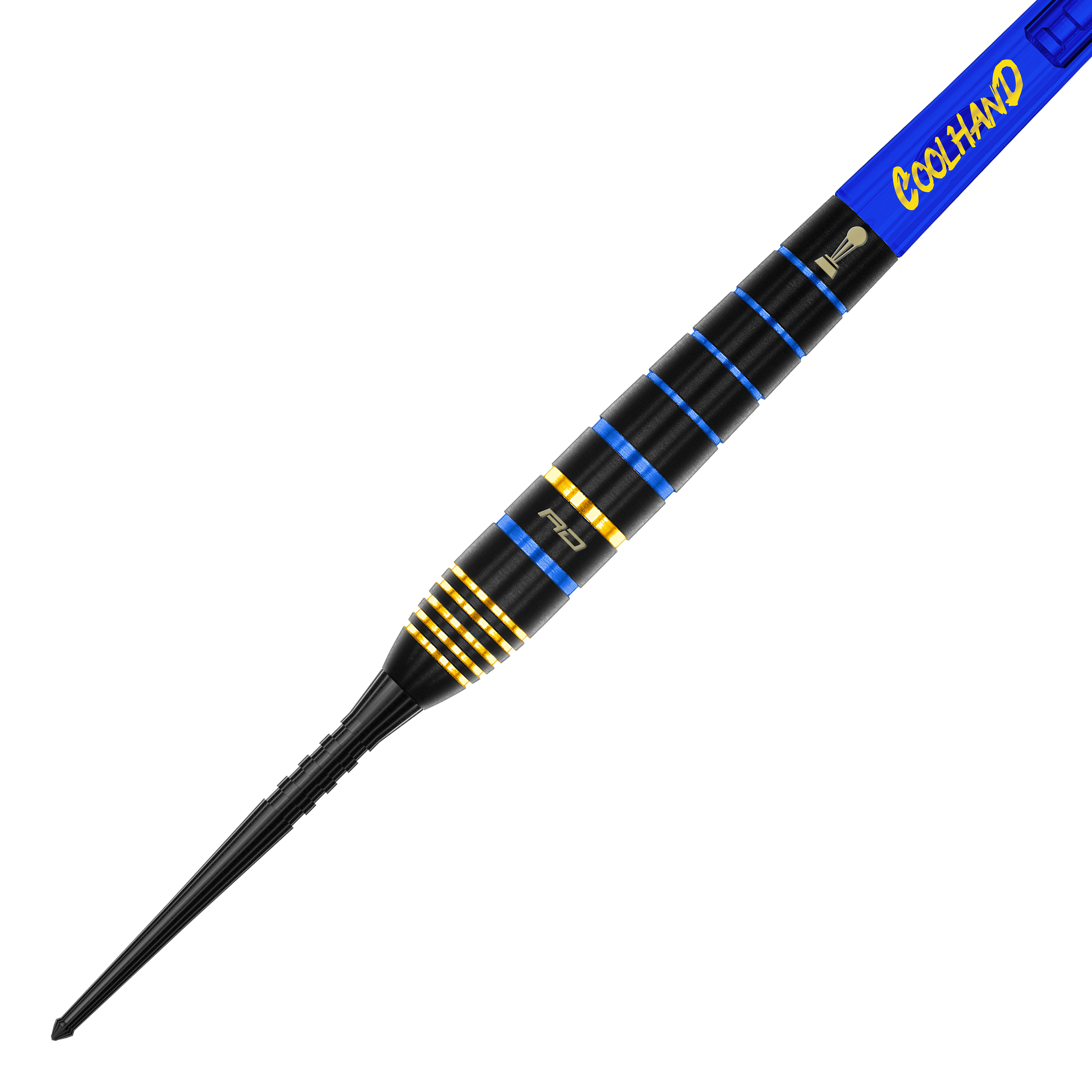 Das Bild zeigt einen Red Dragon Luke Humphries TX4 Avenger Steeldart. Der Dart ist schwarz mit blauen und goldenen Ringen sowie einem blauen Schaft mit der Aufschrift "COOLHAND".