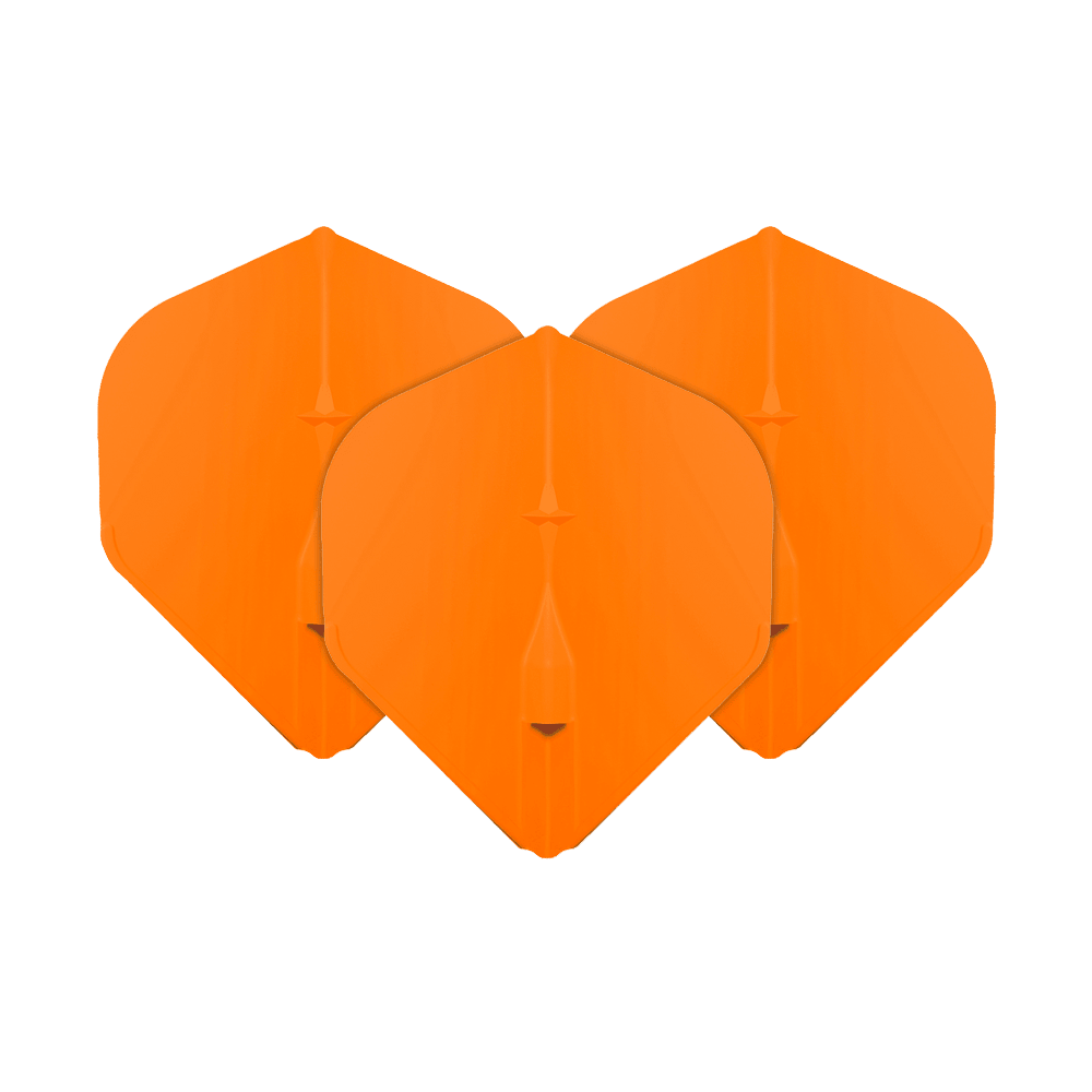 Das Bild zeigt drei orangefarbene L-Style Champagne L1EZ Standard Flights. Sie sind für den Gebrauch bei Darts gedacht und haben eine klassische Standardform.
