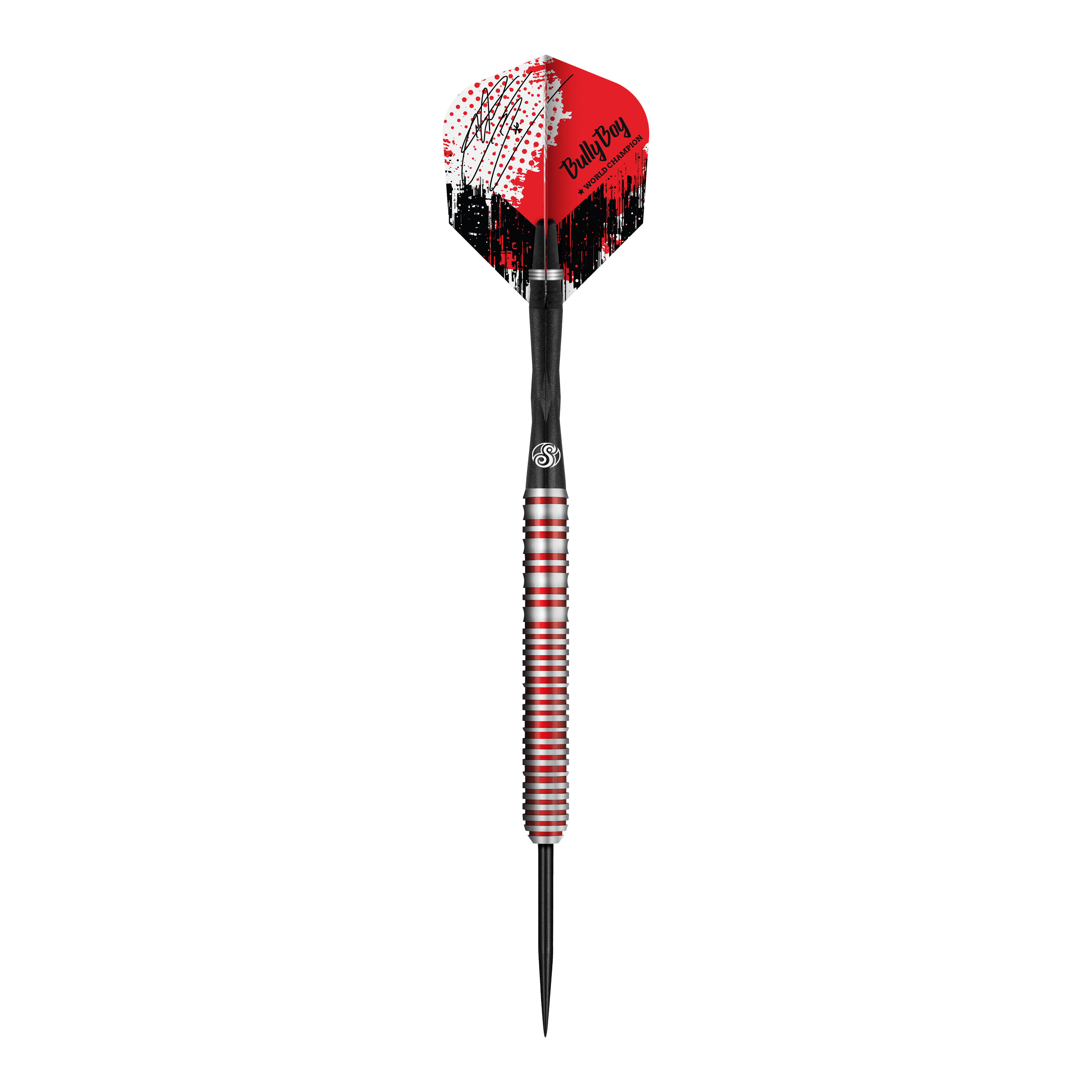 Der abgebildete Dartpfeil ist der "Shot Michael Smith Bully Boy Game Day Steeldart". Er hat ein auffälliges Design mit roten, schwarzen und weißen Farben am Flight und einem silbernen Schaft mit roten Streifen.