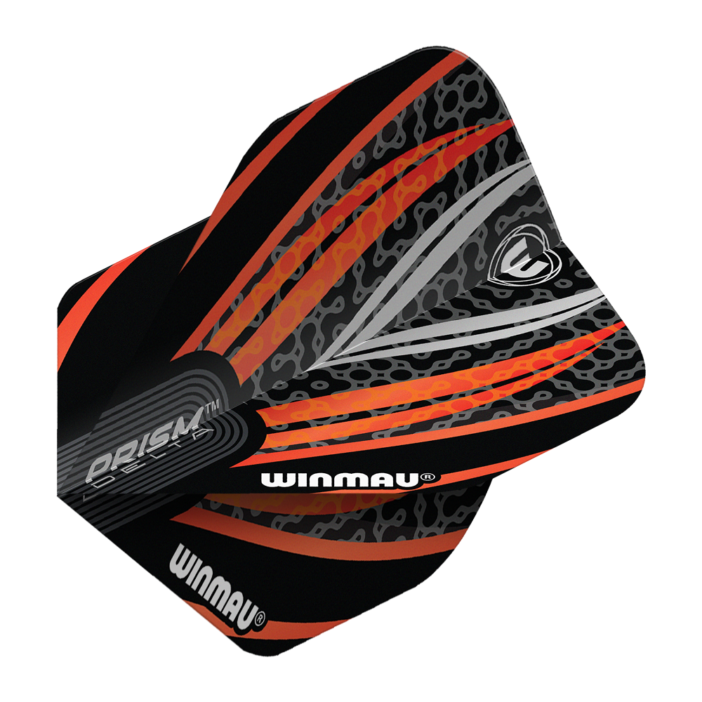 Winmau Prism Delta Schwarz Weiß Orange No2 Standard Flights Das Bild zeigt ein Winmau Prism Delta Flight in den Farben Schwarz, Weiß und Orange. Das Flight hat ein modernes, auffälliges Muster mit dem Winmau-Logo und Schriftzug.