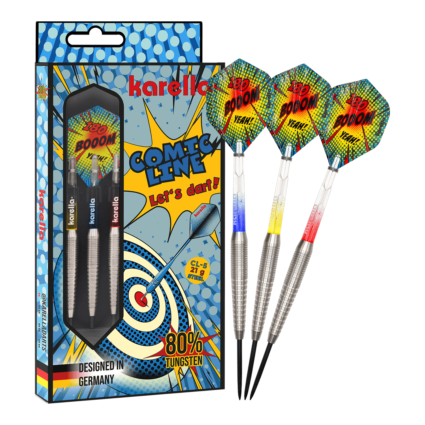Karella Comic Line CL-5 Steeldarts - 21g Das Bild zeigt die Karella Comic Line CL-5 Steeldarts - 21g. Es handelt sich um ein Set moderner Steeldarts mit auffälligem Design.
