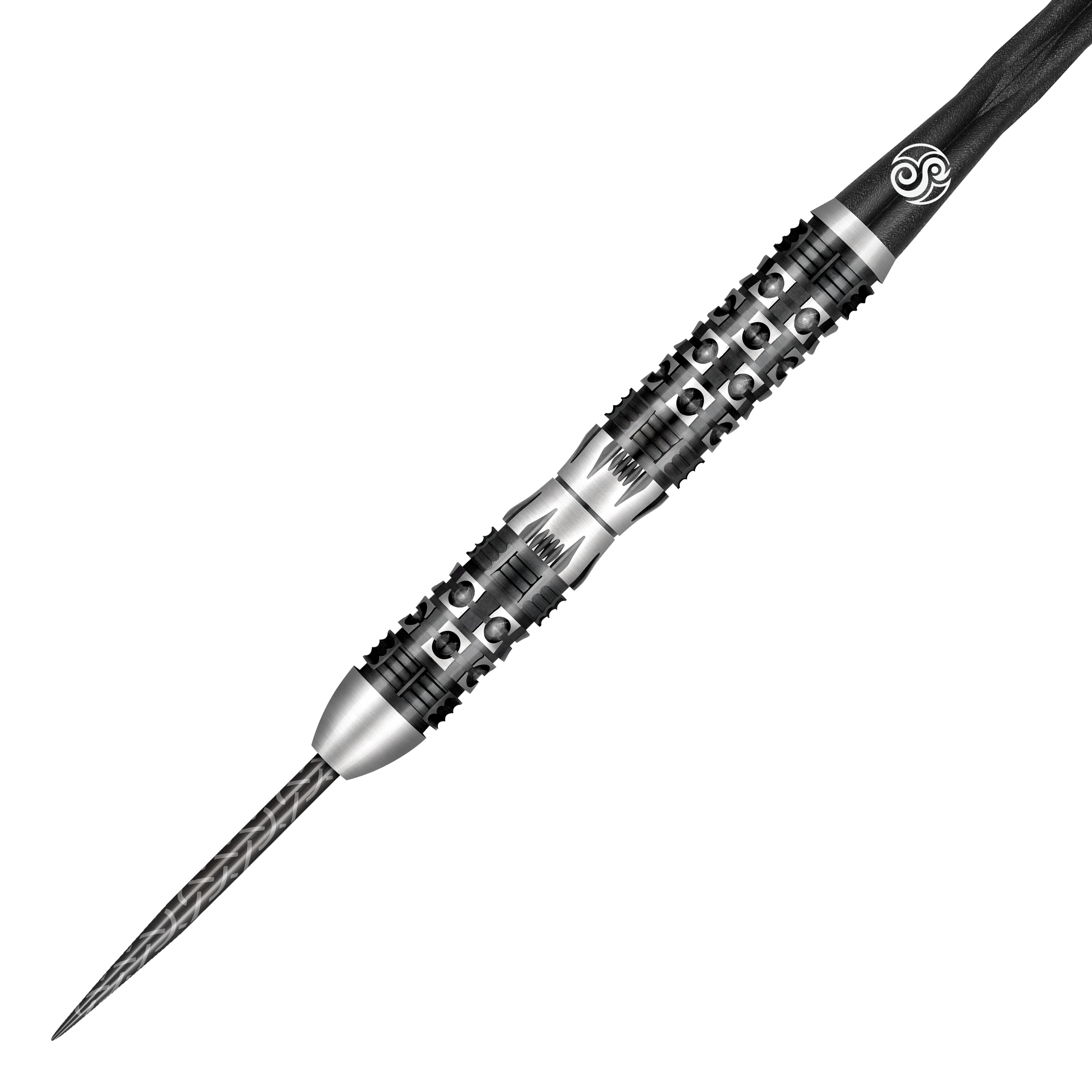 Das Bild zeigt einen Shot Viking Wolf Steeldart mit einem auffälligen, metallischen Design und schwarzen Akzenten. Der Dartpfeil hat eine strukturierte Griffzone und eine verzierte Spitze.