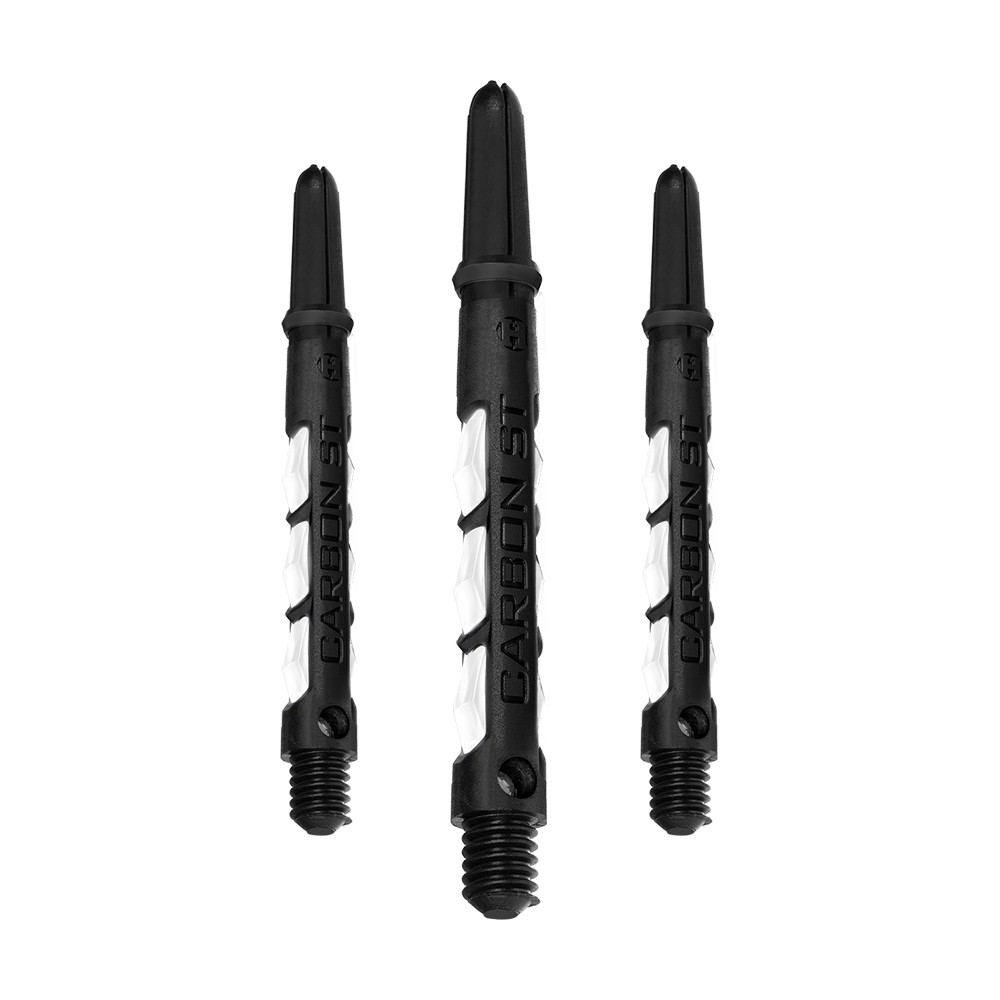 Das Bild zeigt drei Harrows Carbon ST Shafts in Weiß. Die Dartschäfte sind schwarz mit weißen Akzenten und dem Schriftzug "CARBON ST".