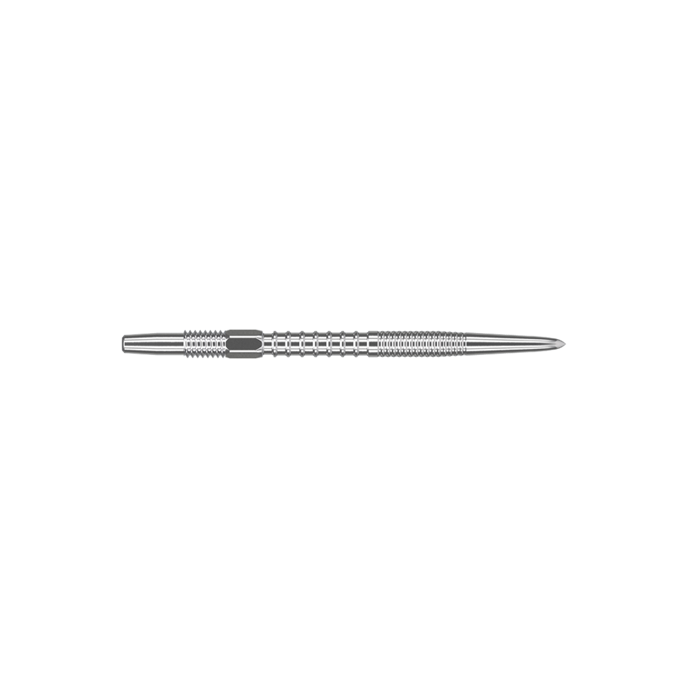 Target Swiss Firepoint Silver Dartspitzen Das Bild zeigt eine silberne Dartspitze mit feinen Rillen. Sie ist lang, schlank und aus Metall gefertigt.