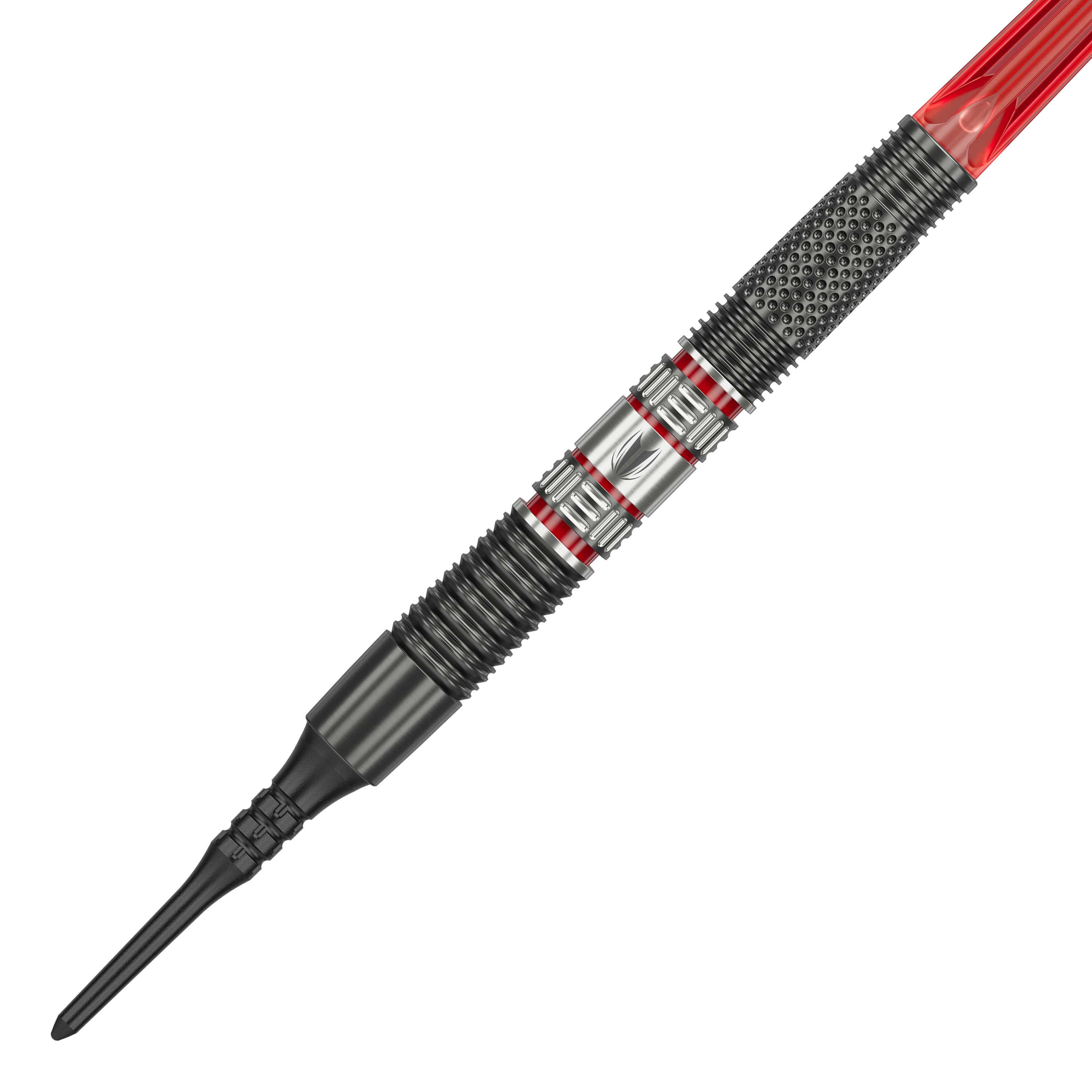 Target Gabriel Clemens 95K Softdarts - 19g Das Bild zeigt einen Target Gabriel Clemens 95K Softdart mit einem Gewicht von 19 Gramm. Der Dart hat ein auffälliges Design mit silbernen, schwarzen und roten Elementen.