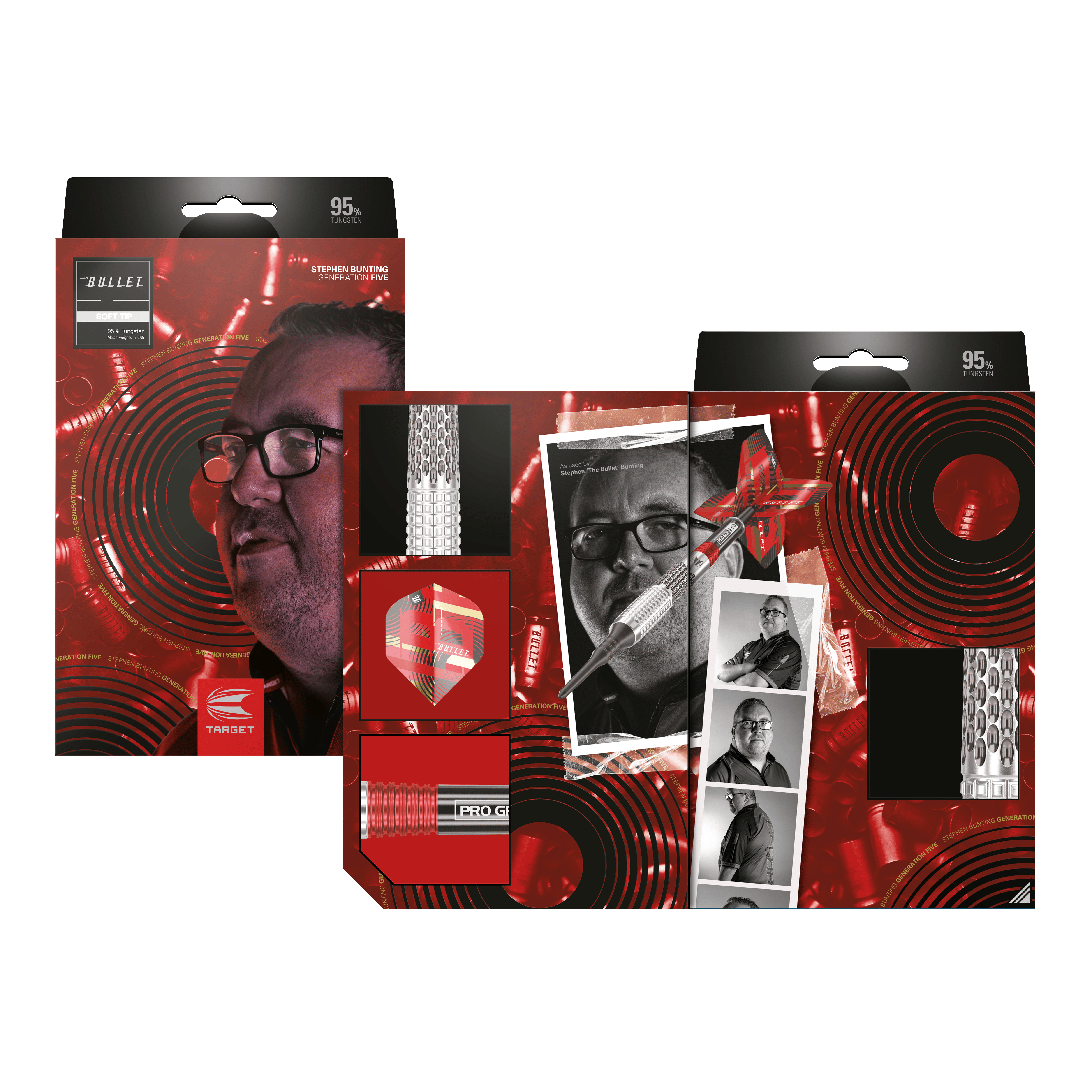 Target Stephen Bunting GEN5 Softdarts - 18g Auf dem Bild ist die Verpackung der "Target Stephen Bunting GEN5 Softdarts - 18g" zu sehen. Die Verpackung zeigt ein Porträt von Stephen Bunting und mehrere Produktdetails vor einem roten, auffälligen Hintergrund.