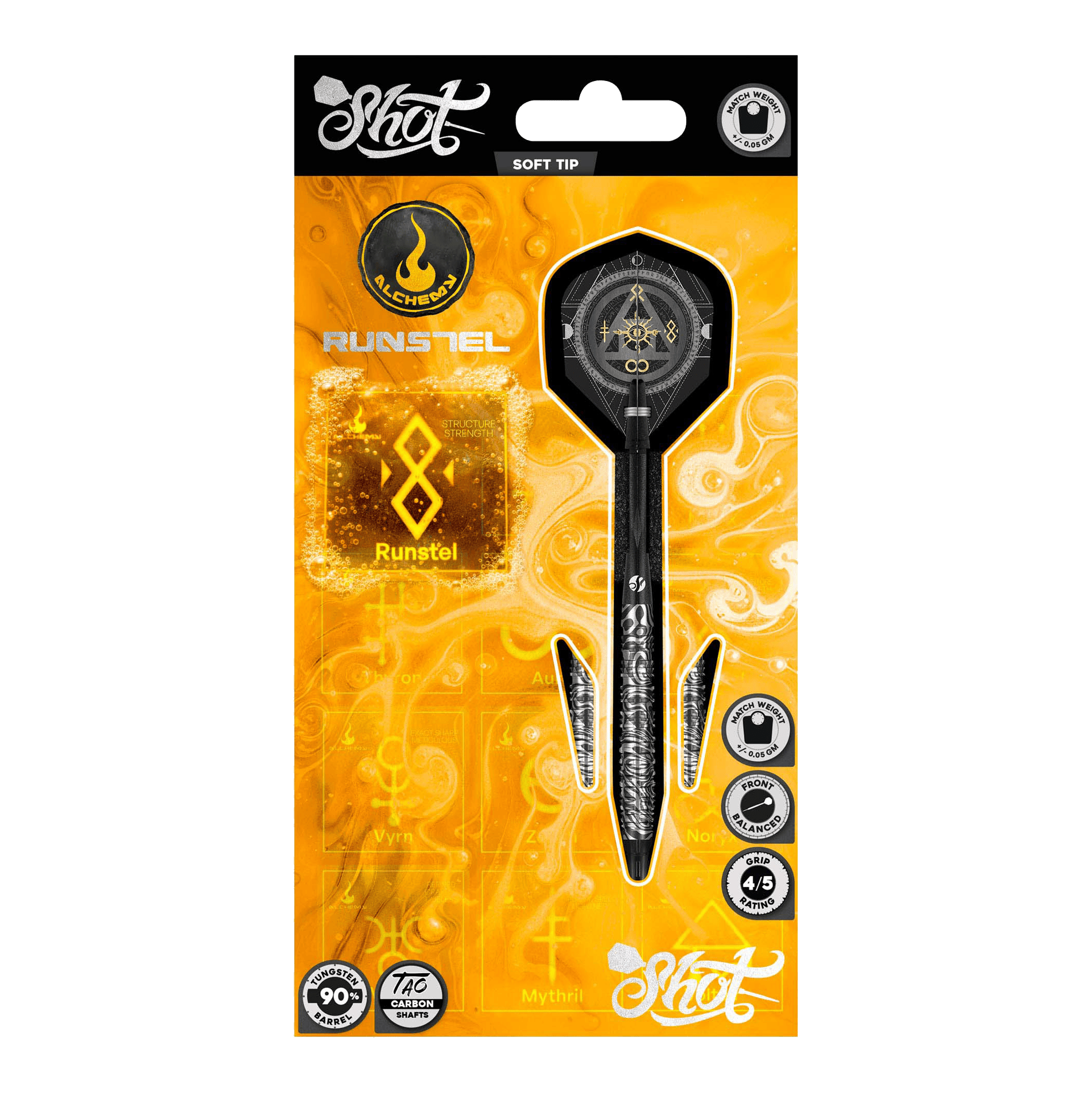 Shot Alchemy Runstel Softdarts - 20g Das Foto zeigt die 20g Shot Alchemy Runstel Softdarts. Die Darts sind ideal für Spieler, die Wert auf Qualität legen.