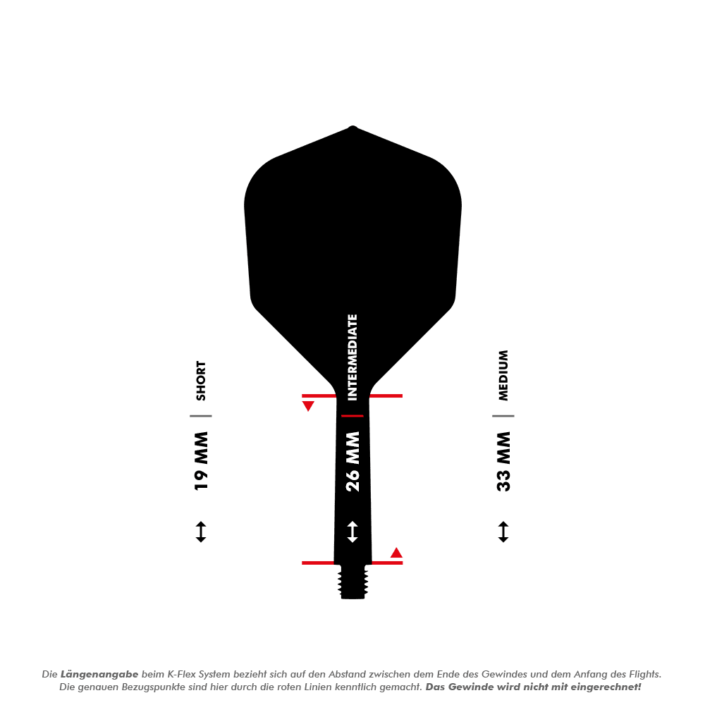 Target Japan K-Flex Hot Shot No2 Standard Flight-Shaft-System Das Bild zeigt eine Dart-Flightschafte mit Längenangaben in Millimetern. Es werden die drei Längen "Short" (19 mm), "Intermediate" (26 mm) und "Medium" (33 mm) dargestellt.