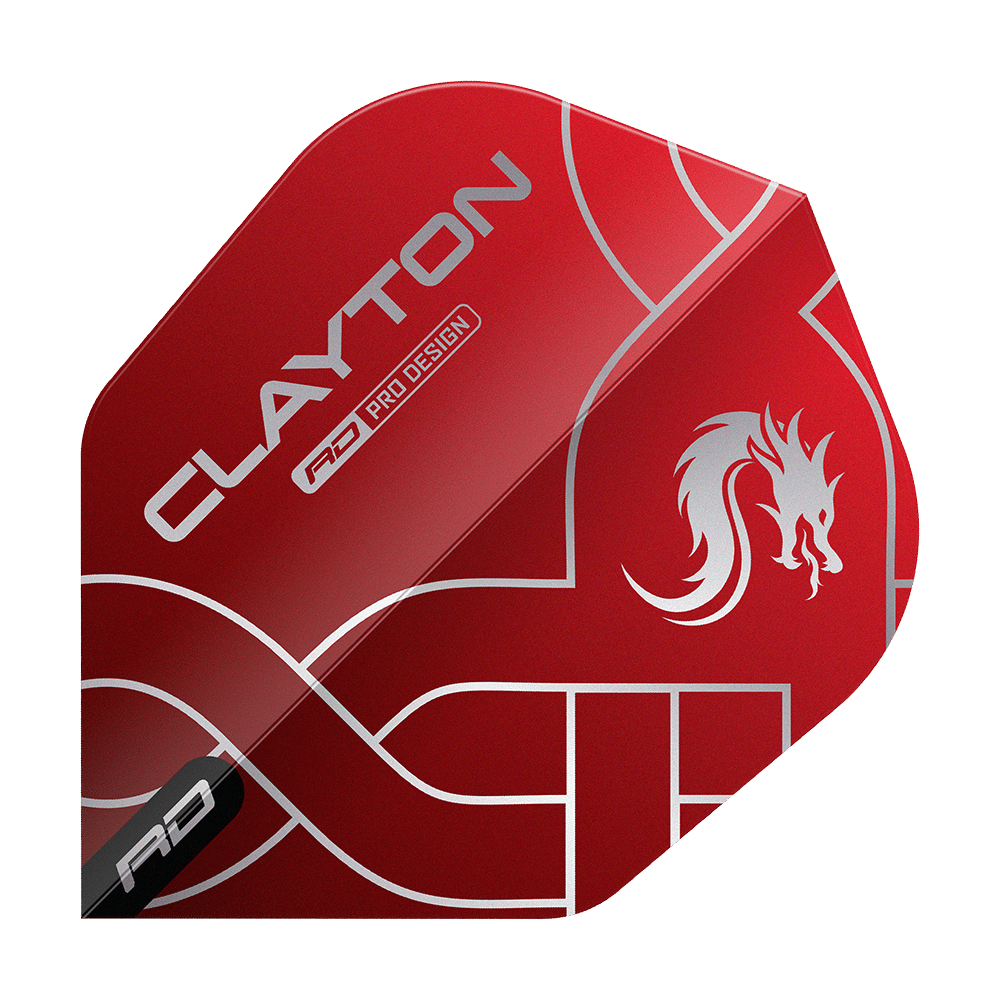 Das Bild zeigt ein rotes Dartflight mit silbernem Drachenmotiv und der Aufschrift "CLAYTON". Das Design ist modern und auffällig gestaltet.