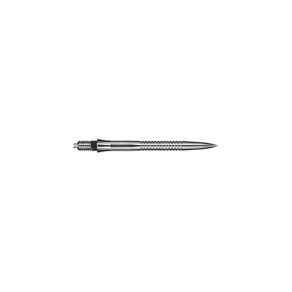 Caliburn EZ-EVO Dartspitzen - Grooved - Silber Zu sehen sind Dartspitzen mit Rillen im silbernen Design und einer Länge von 28 mm. Diese Dartspitzen sind für präzises Dartspiel gedacht.