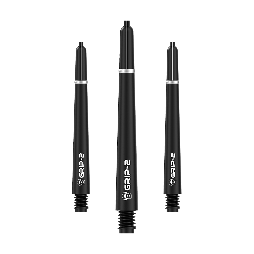 Auf dem Bild sind drei schwarze Bulls B-Grip-2 SL Shafts zu sehen. Die Dart-Schäfte haben ein schlichtes, modernes Design mit weißem Schriftzug.