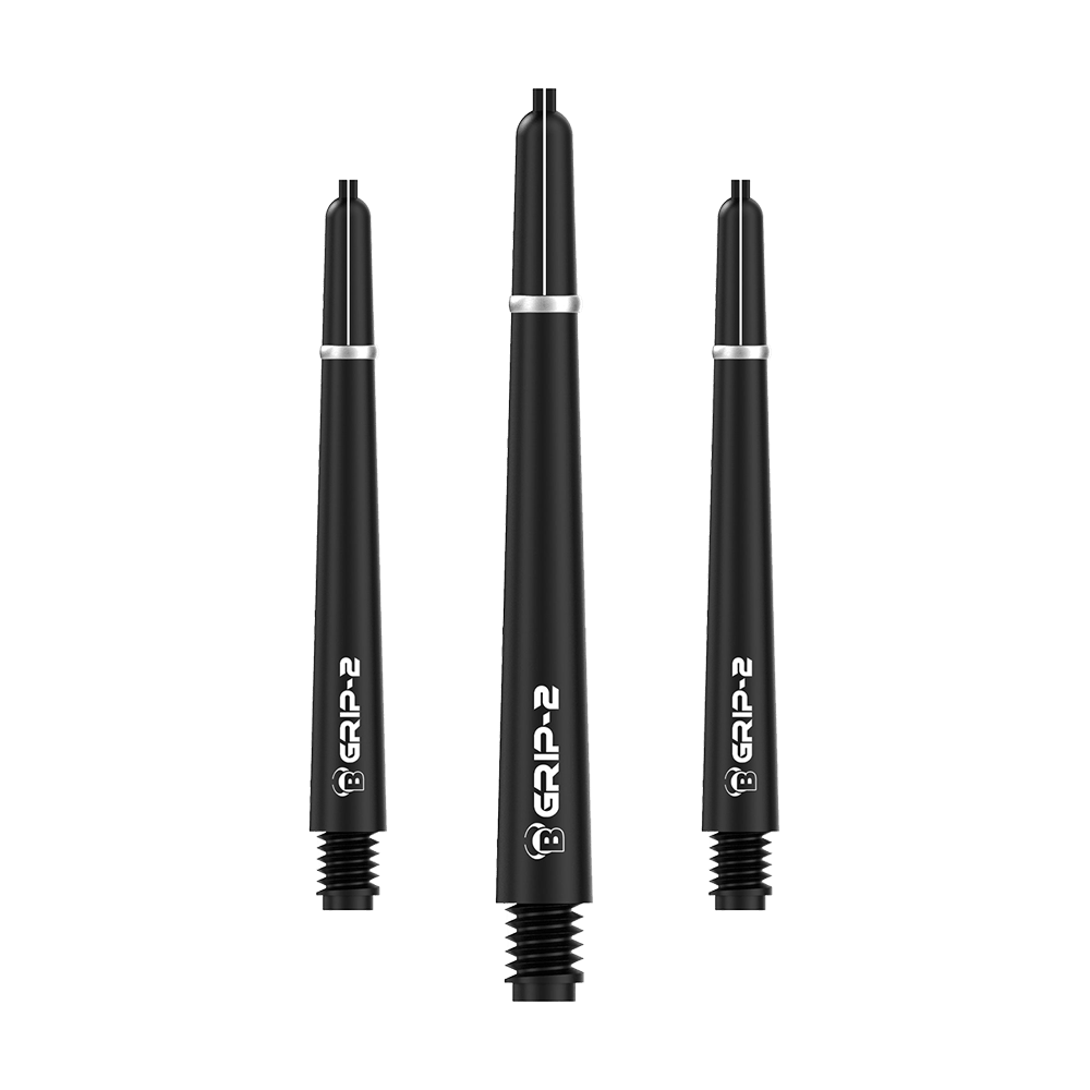 BS55051_Bulls_B-Grip-2_SL_Shafts_Schwarz_48mm_1 Auf dem Bild sind drei schwarze Bulls B-Grip-2 SL Shafts zu sehen. Die Dart-Schäfte haben ein schlichtes, modernes Design mit weißem Schriftzug.